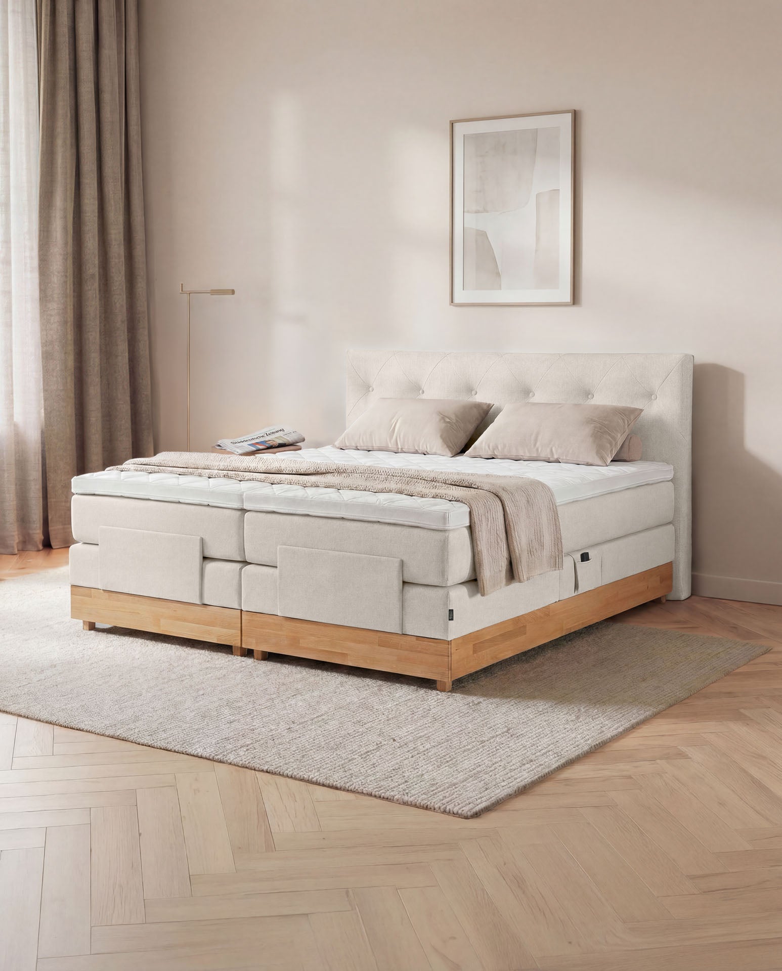 Boxspringbett 160x200 180x200 200x200 Beige Bett elektrisch verstellbar Eiche Holz Motorbett Bett mit Motor Polsterbett Doppelbett Bett verstellbar Schlafzimmer