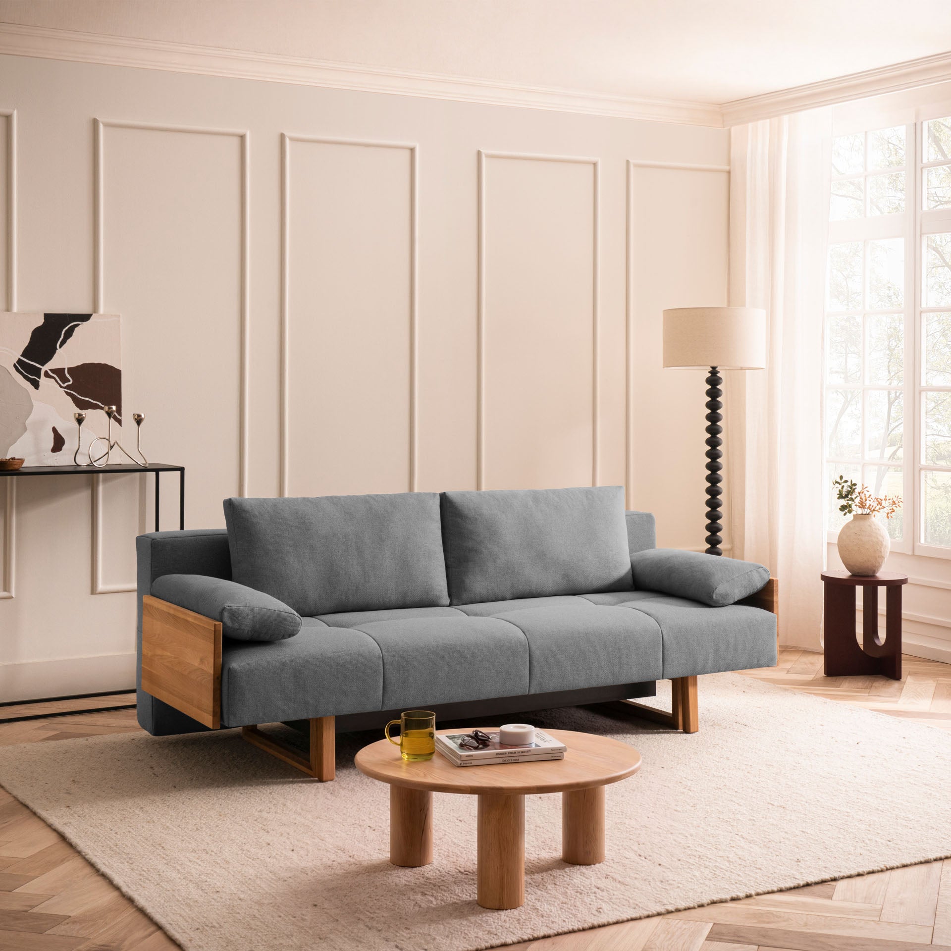 Schlafsofa Anthrazit Holzfüße Sofa mit Schlaffunktion Schlafcouch Bettkasten Schlafsofa mit Bettkasten