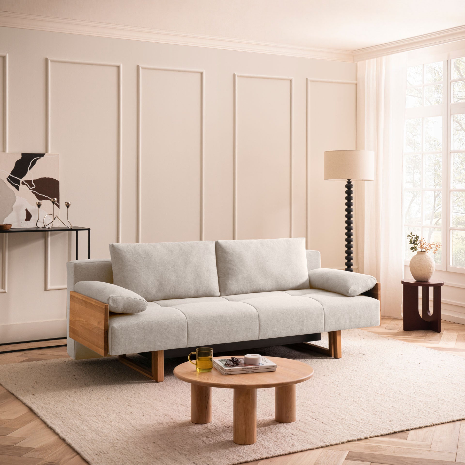 Schlafsofa Beige Holzfüße Sofa mit Schlaffunktion Schlafcouch Bettkasten Schlafsofa mit Bettkasten