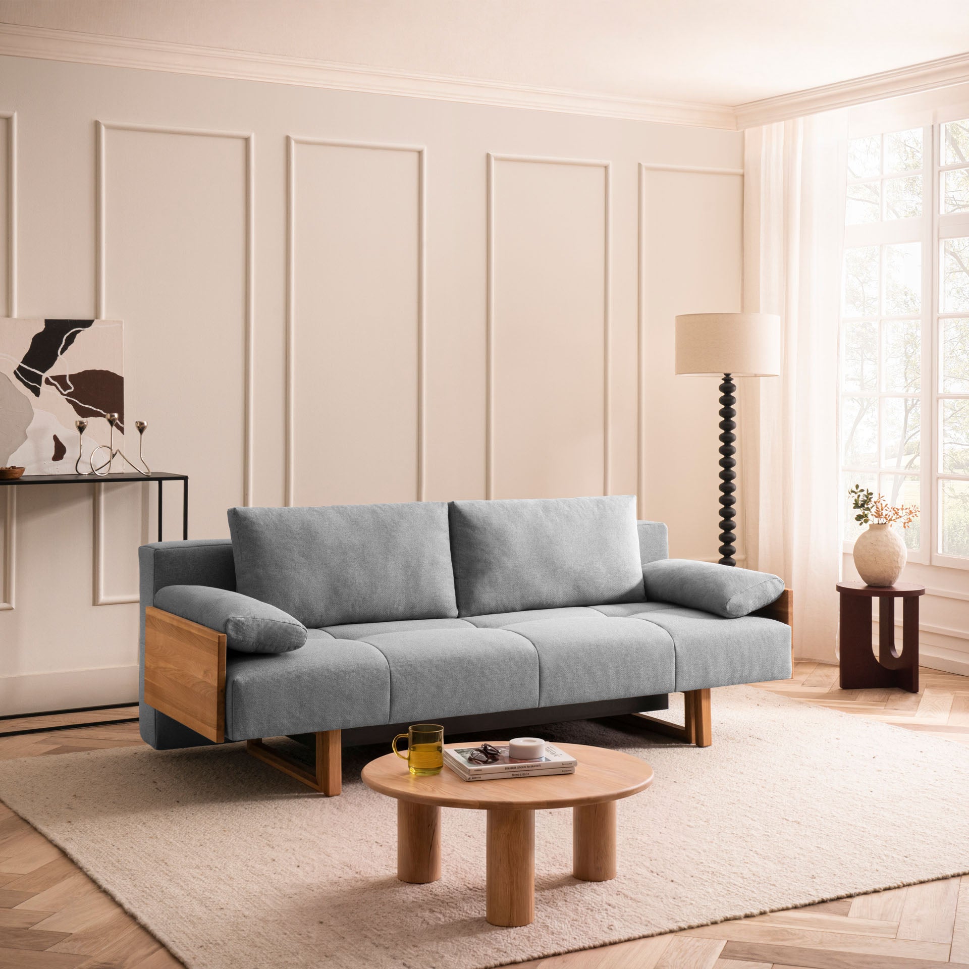 Schlafsofa Hellgrau Holzfüße Sofa mit Schlaffunktion Schlafcouch Bettkasten Schlafsofa mit Bettkasten