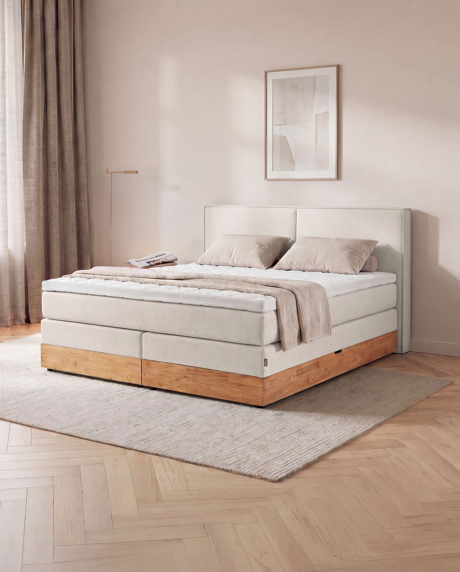 [SKU:3RIVA16BEIBKE,3RIVA18BEIBKE,3RIVA20BEIBKE] Boxspringbett mit Bettkasten Eiche 160x200 180x200 200x200 Beige Bett Stauraum Holzrahmen Polsterbett Doppelbett