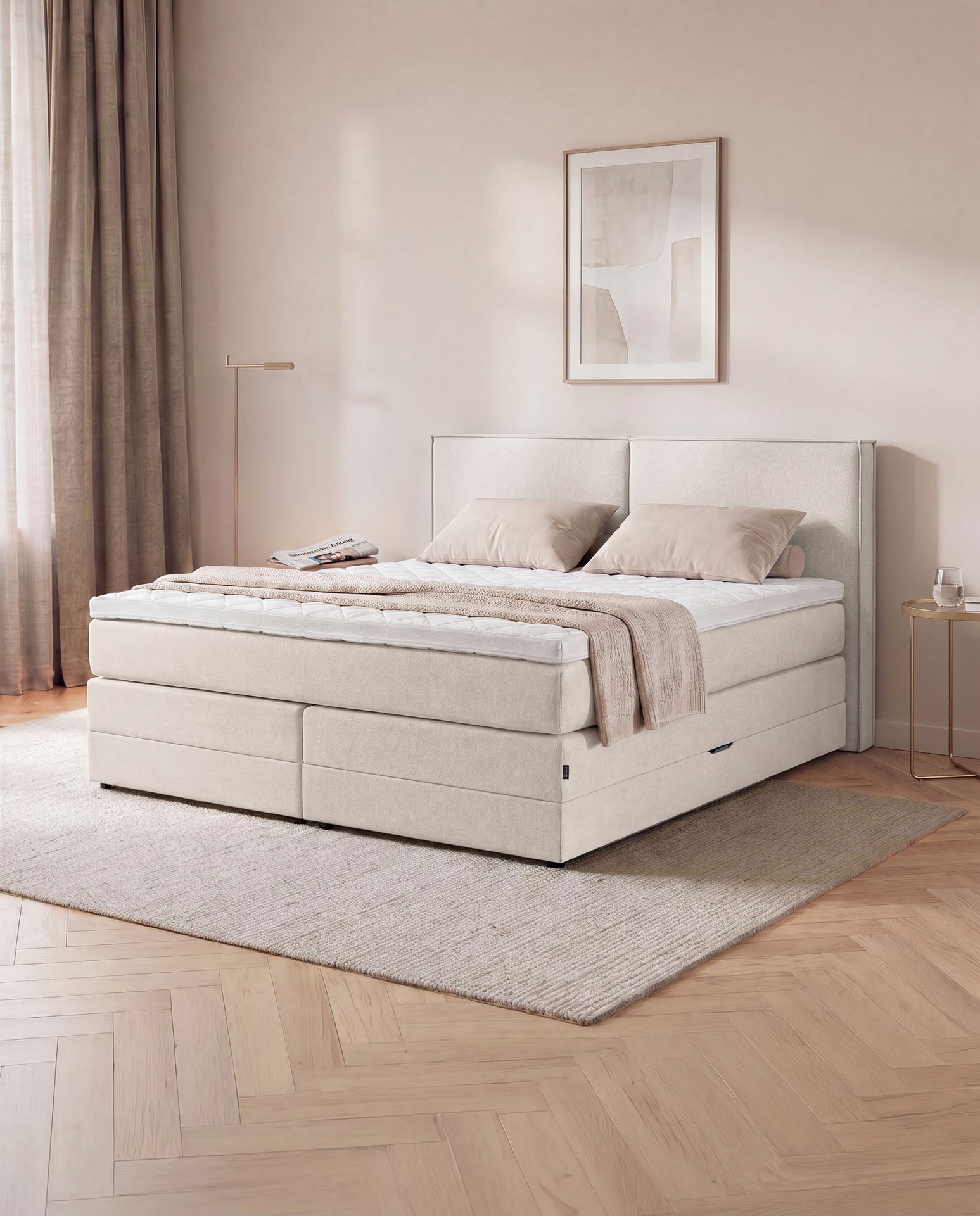 [SKU:3RIVA16BEIBK,3RIVA18BEIBK,3RIVA20BEIBK] Boxspringbett mit Bettkasten 160x200 180x200 200x200 Beige Bett Stauraum Polsterbett Doppelbett Boxspring Bett