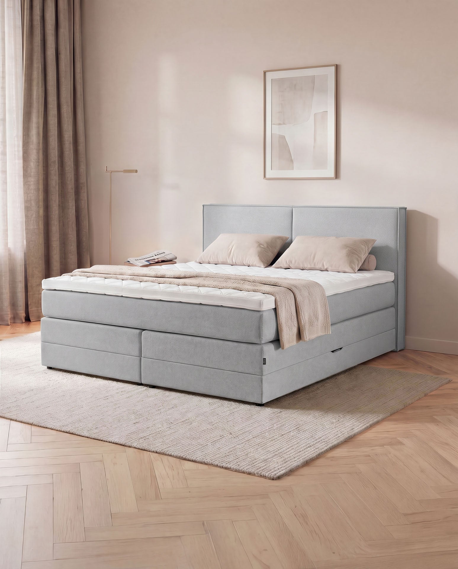 [SKU:3RIVA16HGRBK,3RIVA18HGRBK,3RIVA20HGRBK] Boxspringbett mit Bettkasten 160x200 180x200 200x200 Hellgrau Bett Stauraum Polsterbett Doppelbett Boxspring Bett