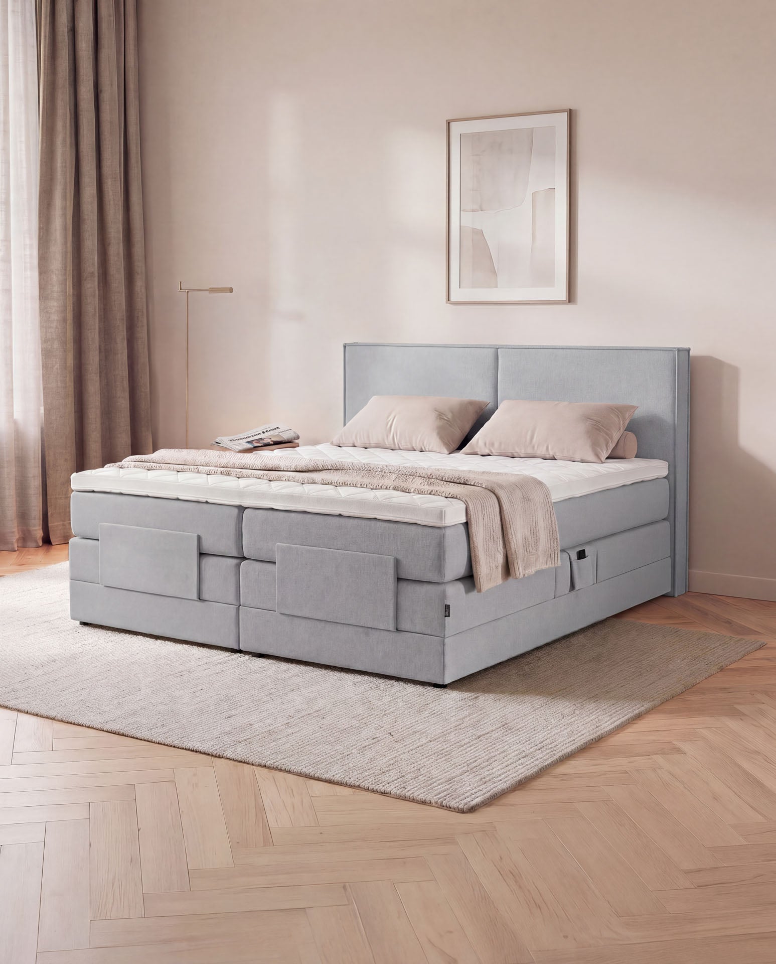 [SKU:3RIVA16HGREV,3RIVA18HGREV,3RIVA20HGREV] Boxspringbett elektrisch verstellbar 160x200 180x200 200x200 Hellgrau Motorbett Bett mit Motor Polsterbett Doppelbett