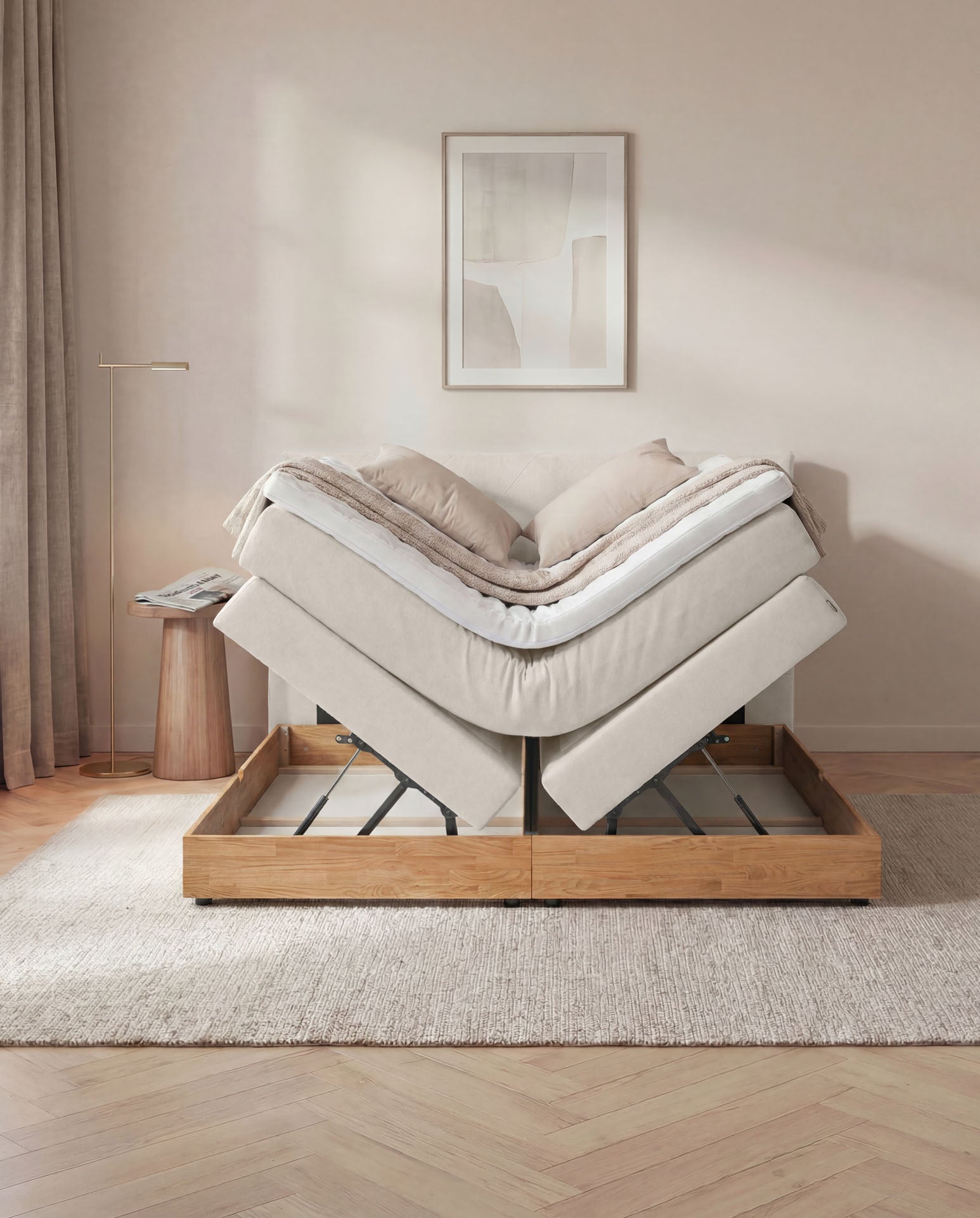 Boxspringbett 160x200 180x200 200x200 Beige Bett Bettkasten Eiche Holz Polsterbett Doppelbett Stauraumbett Bett mit Holzrahmen Schlafzimmer