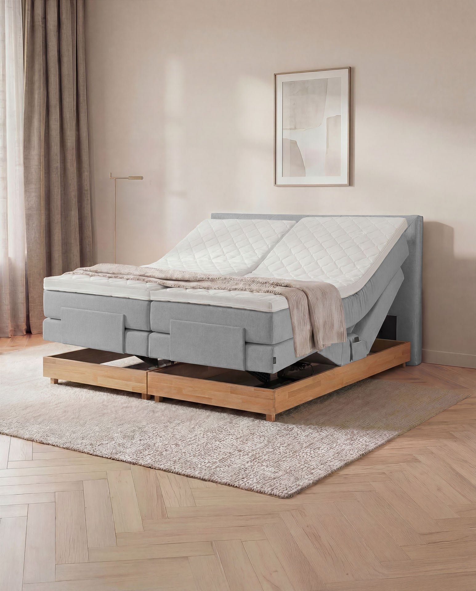 Boxspringbett 160x200 180x200 200x200 Hellgrau Bett elektrisch verstellbar Eiche Holz Motorbett Bett mit Motor Polsterbett Doppelbett Bett verstellbar Schlafzimmer