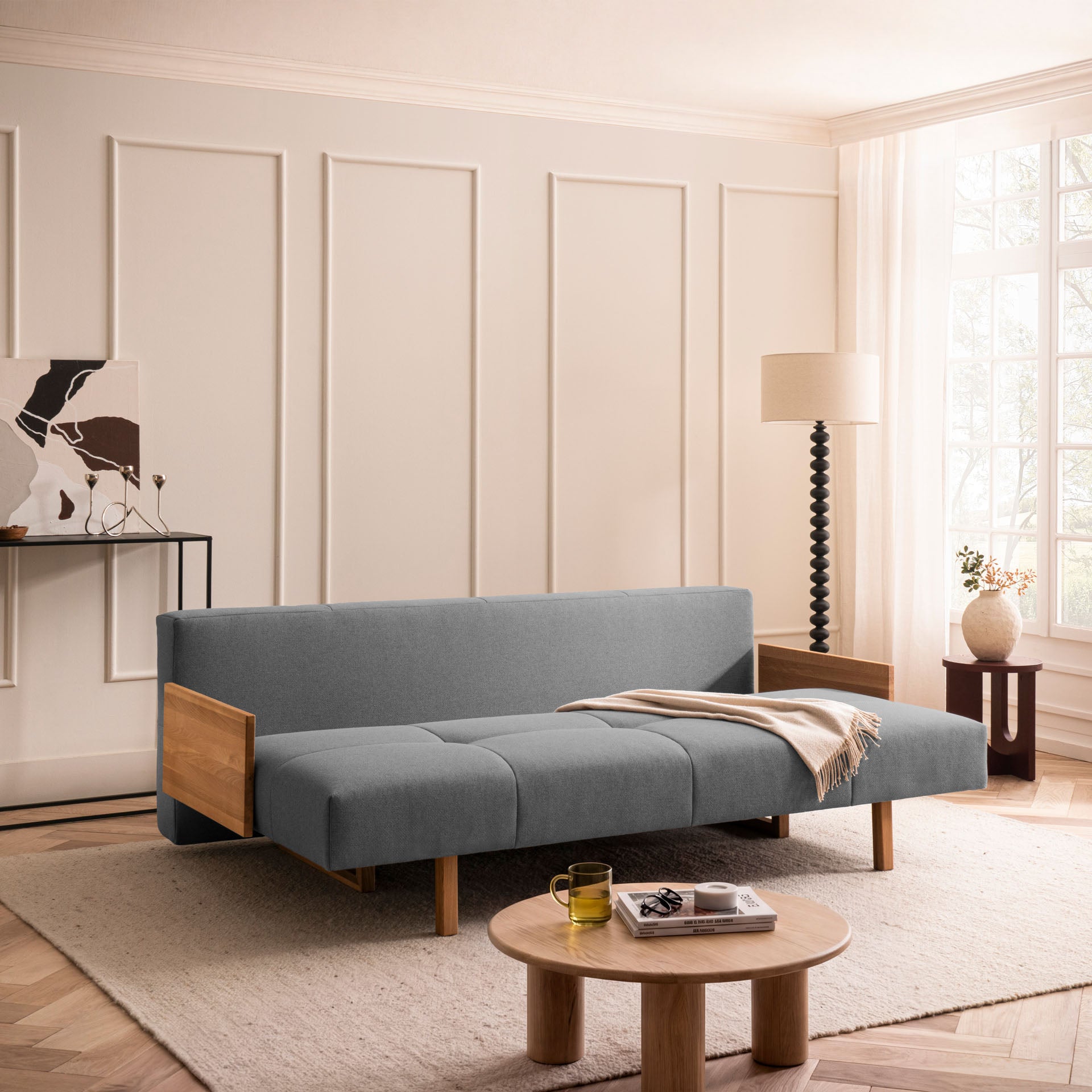 Schlafsofa Anthrazit Holzfüße Sofa mit Schlaffunktion Schlafcouch Bettkasten Schlafsofa mit Bettkasten
