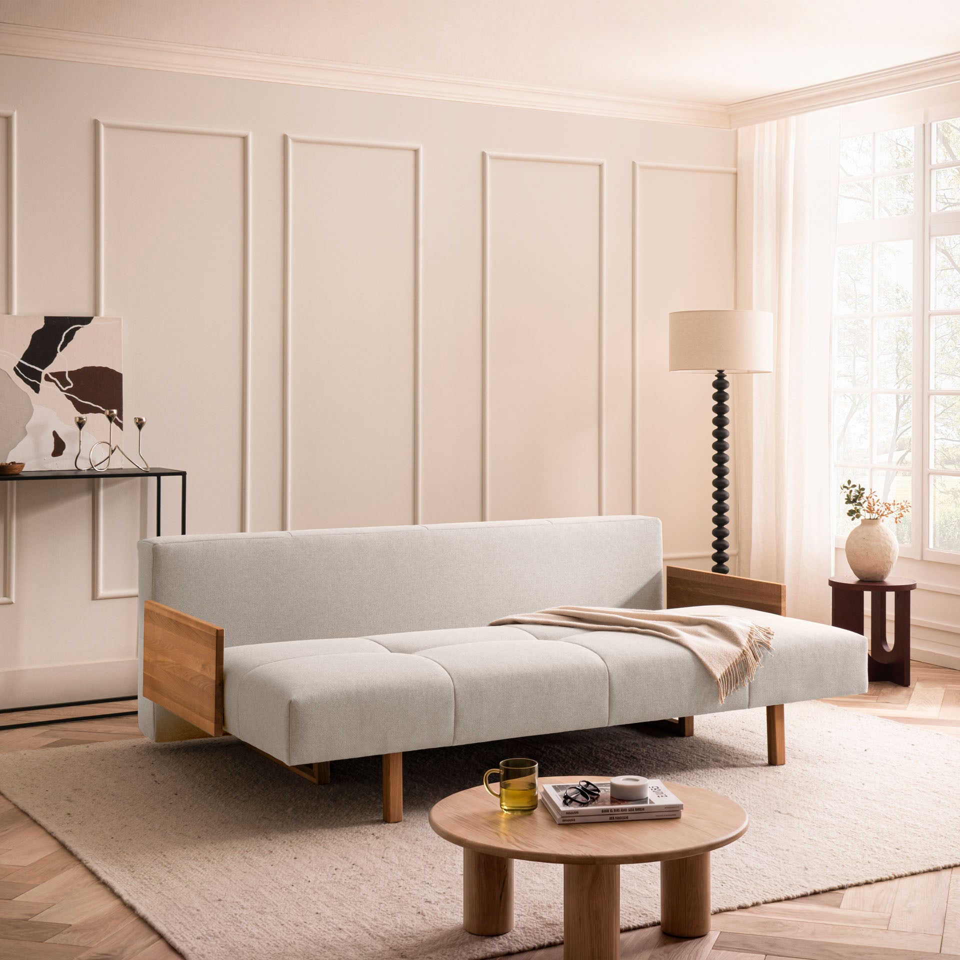 Schlafsofa Beige Holzfüße Sofa mit Schlaffunktion Schlafcouch Bettkasten Schlafsofa mit Bettkasten