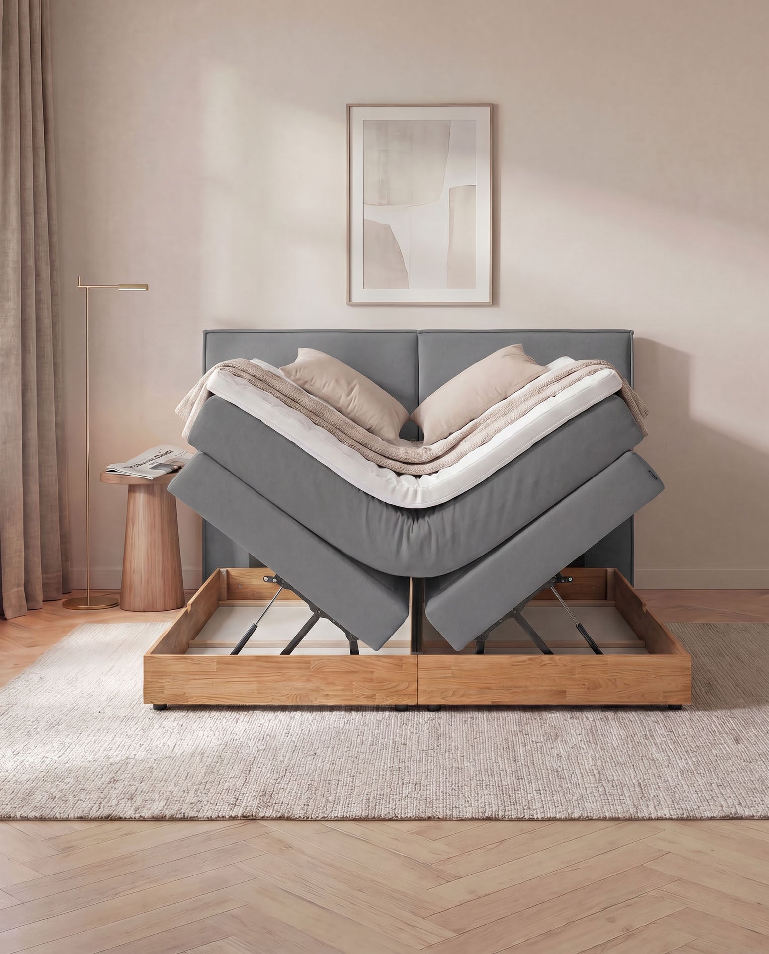 [SKU:3RIVA16ANTBKE,3RIVA18ANTBKE,3RIVA20ANTBKE] Boxspringbett mit Bettkasten Eiche 160x200 180x200 200x200 Anthrazit Bett Stauraum Holzrahmen Polsterbett Doppelbett
