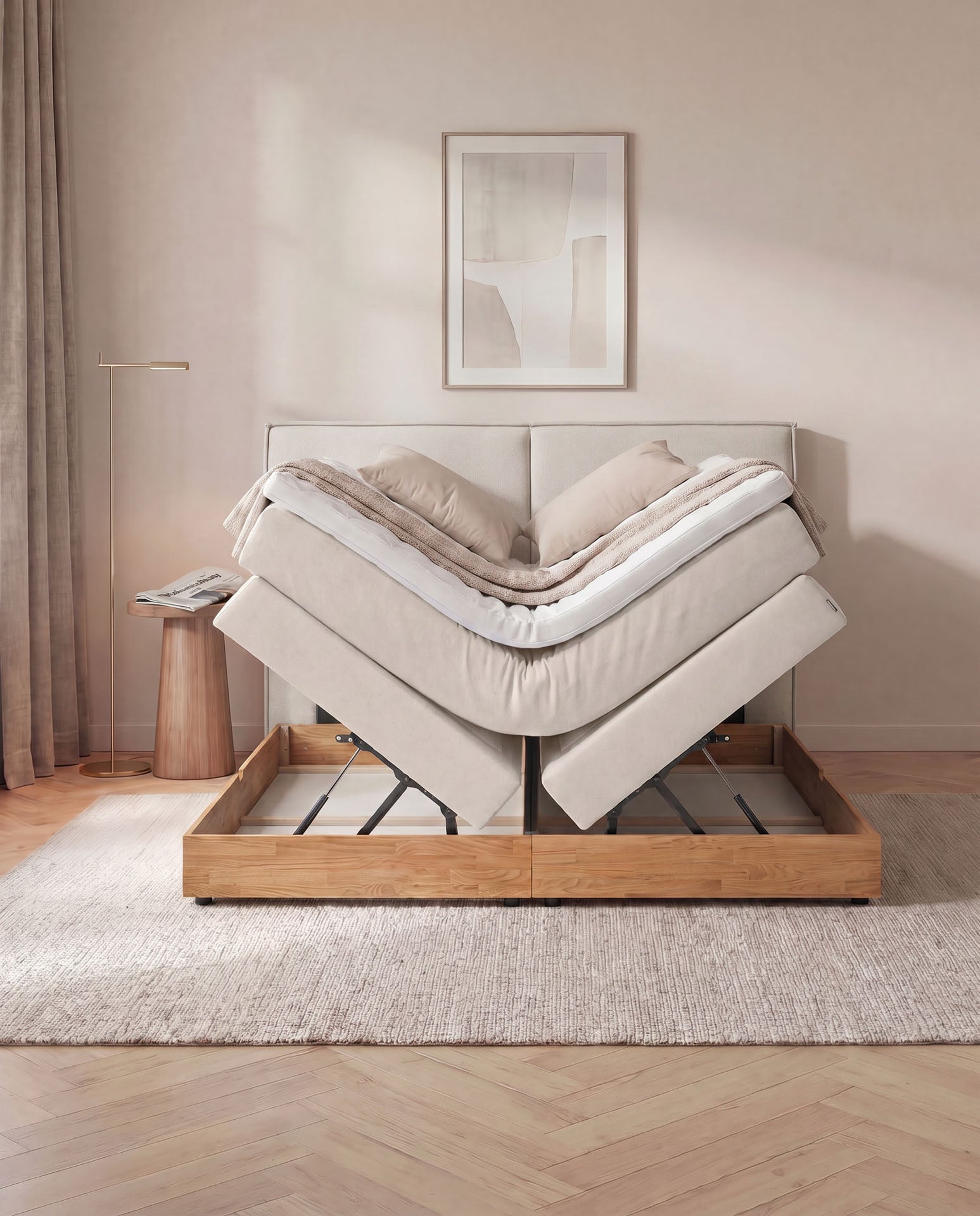 [SKU:3RIVA16BEIBKE,3RIVA18BEIBKE,3RIVA20BEIBKE] Boxspringbett mit Bettkasten Eiche 160x200 180x200 200x200 Beige Bett Stauraum Holzrahmen Polsterbett Doppelbett