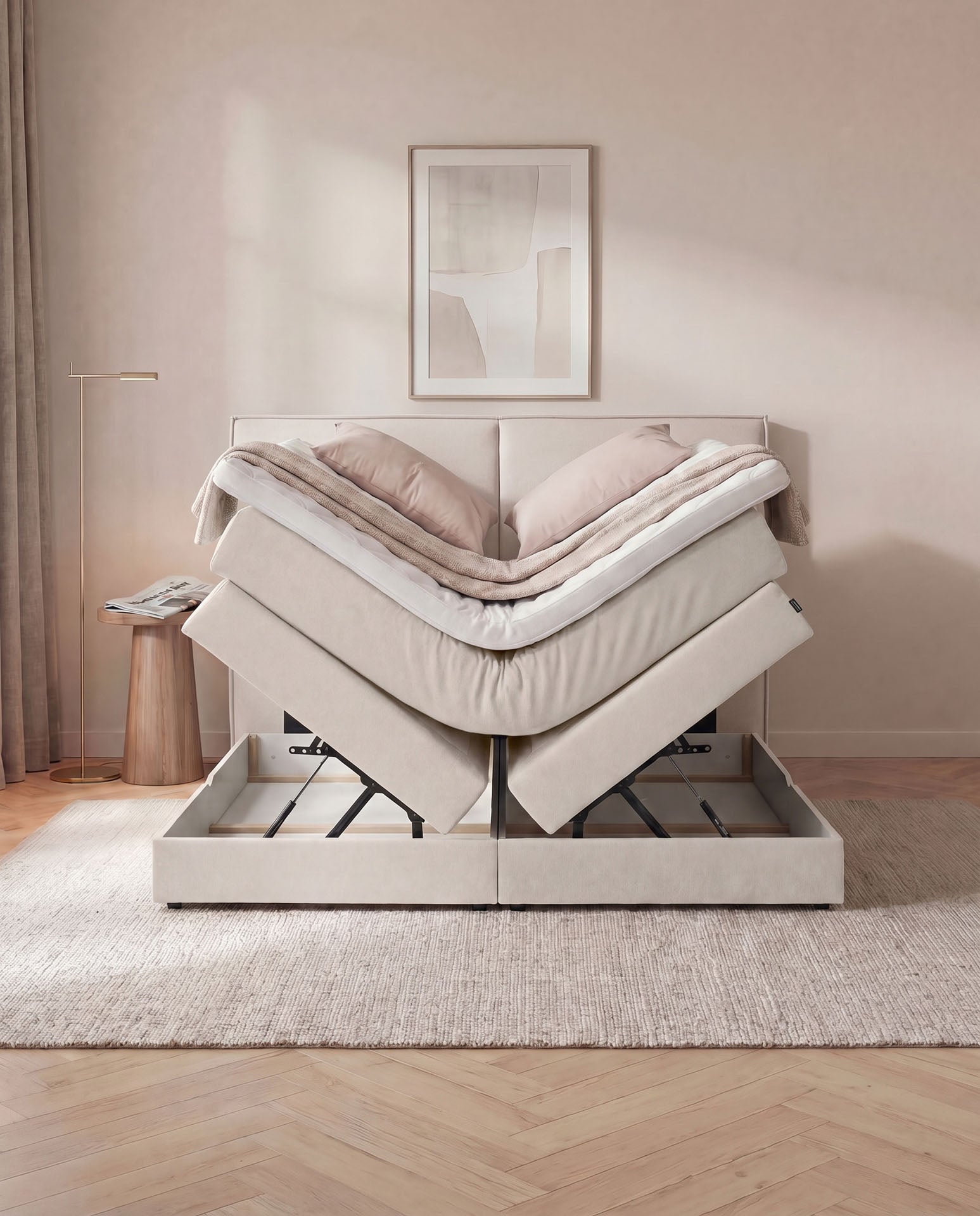 [SKU:3RIVA16BEIBK,3RIVA18BEIBK,3RIVA20BEIBK] Boxspringbett mit Bettkasten 160x200 180x200 200x200 Beige Bett Stauraum Polsterbett Doppelbett Boxspring Bett