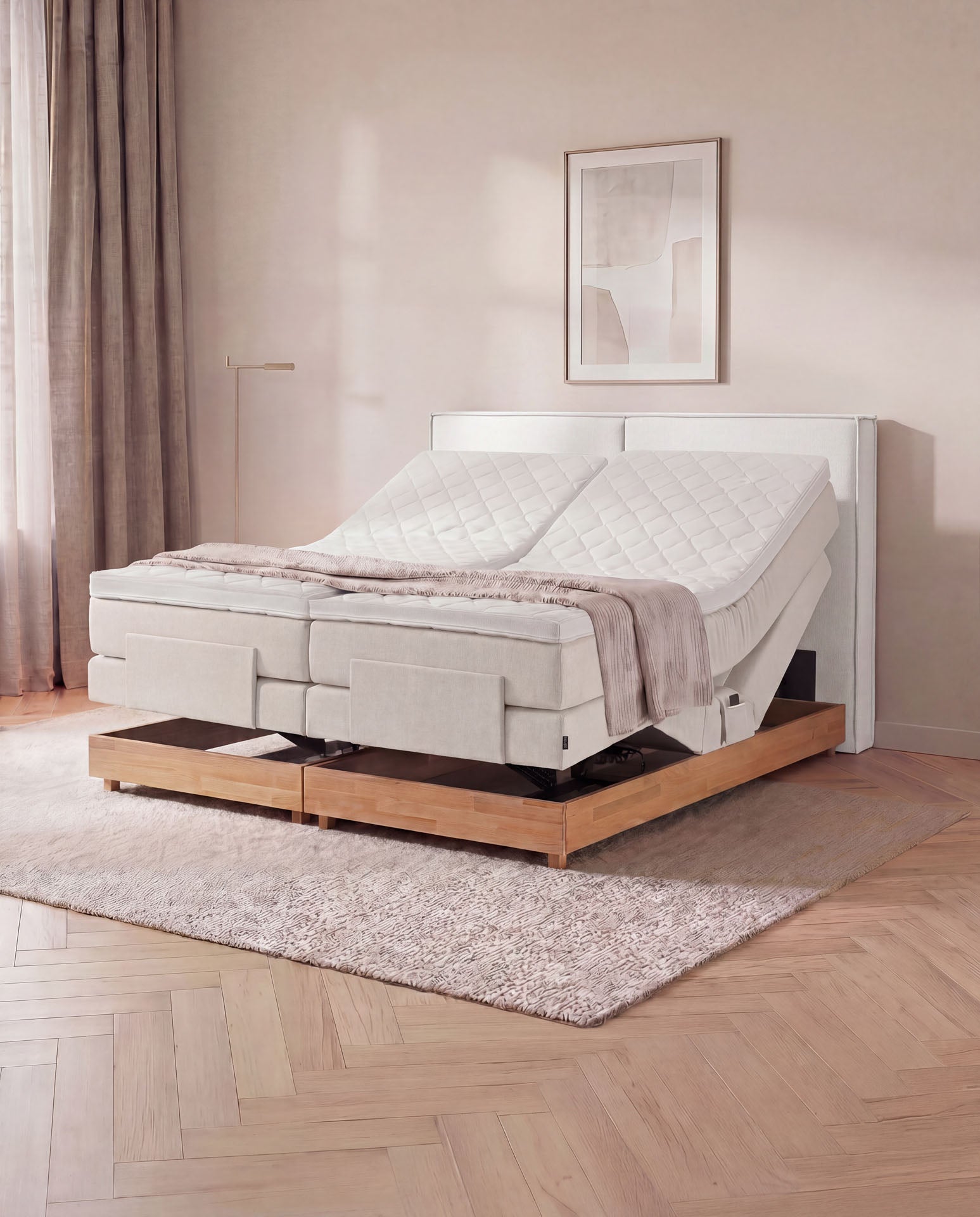 [SKU:3RIVA16BEIEVE,3RIVA18BEIEVE,3RIVA20BEIEVE] Boxspringbett elektrisch verstellbar Eiche 160x200 180x200 200x200 Beige Motorbett Bett mit Motor Holzrahmen Doppelbett