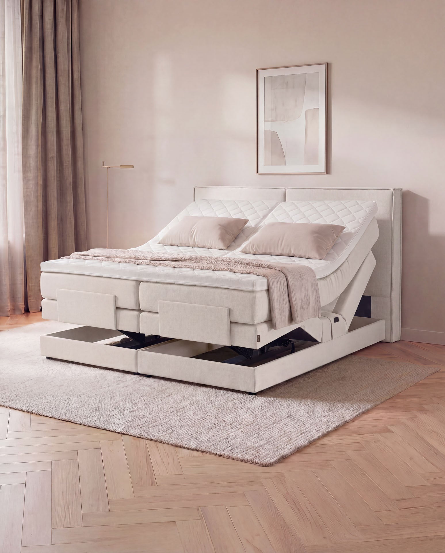 [SKU:3RIVA16BEIEV,3RIVA18BEIEV,3RIVA20BEIEV] Boxspringbett elektrisch verstellbar 160x200 180x200 200x200 Beige Motorbett Bett mit Motor Polsterbett Doppelbett