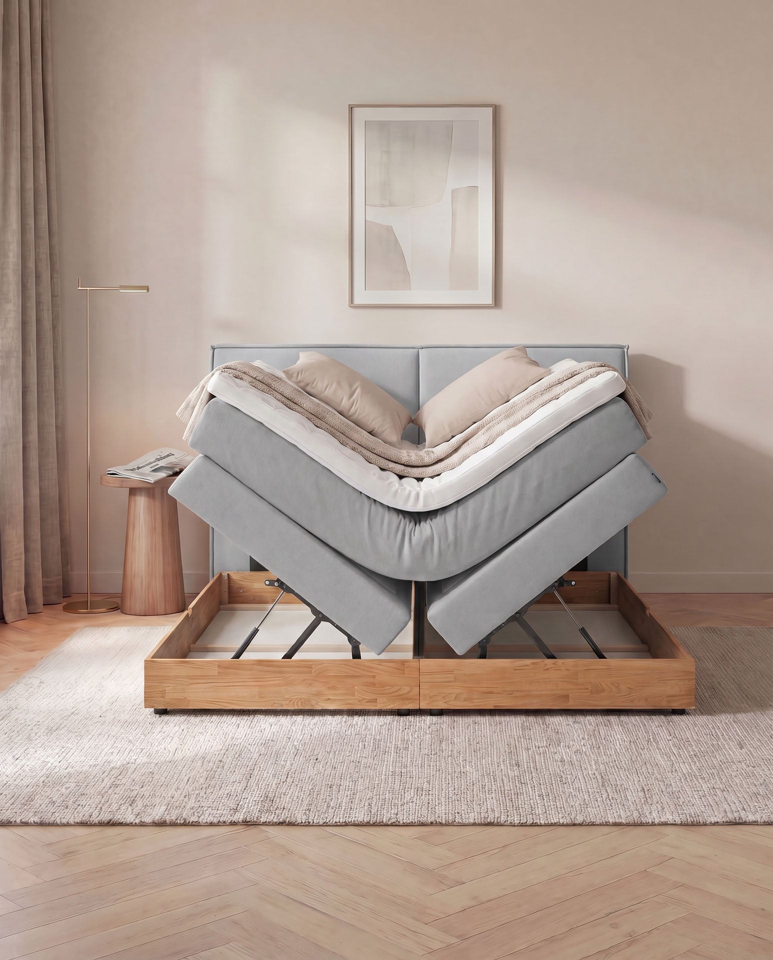 [SKU:3RIVA16HGRBKE,3RIVA18HGRBKE,3RIVA20HGRBKE] Boxspringbett mit Bettkasten Eiche 160x200 180x200 200x200 Hellgrau Bett Stauraum Holzrahmen Polsterbett Doppelbett