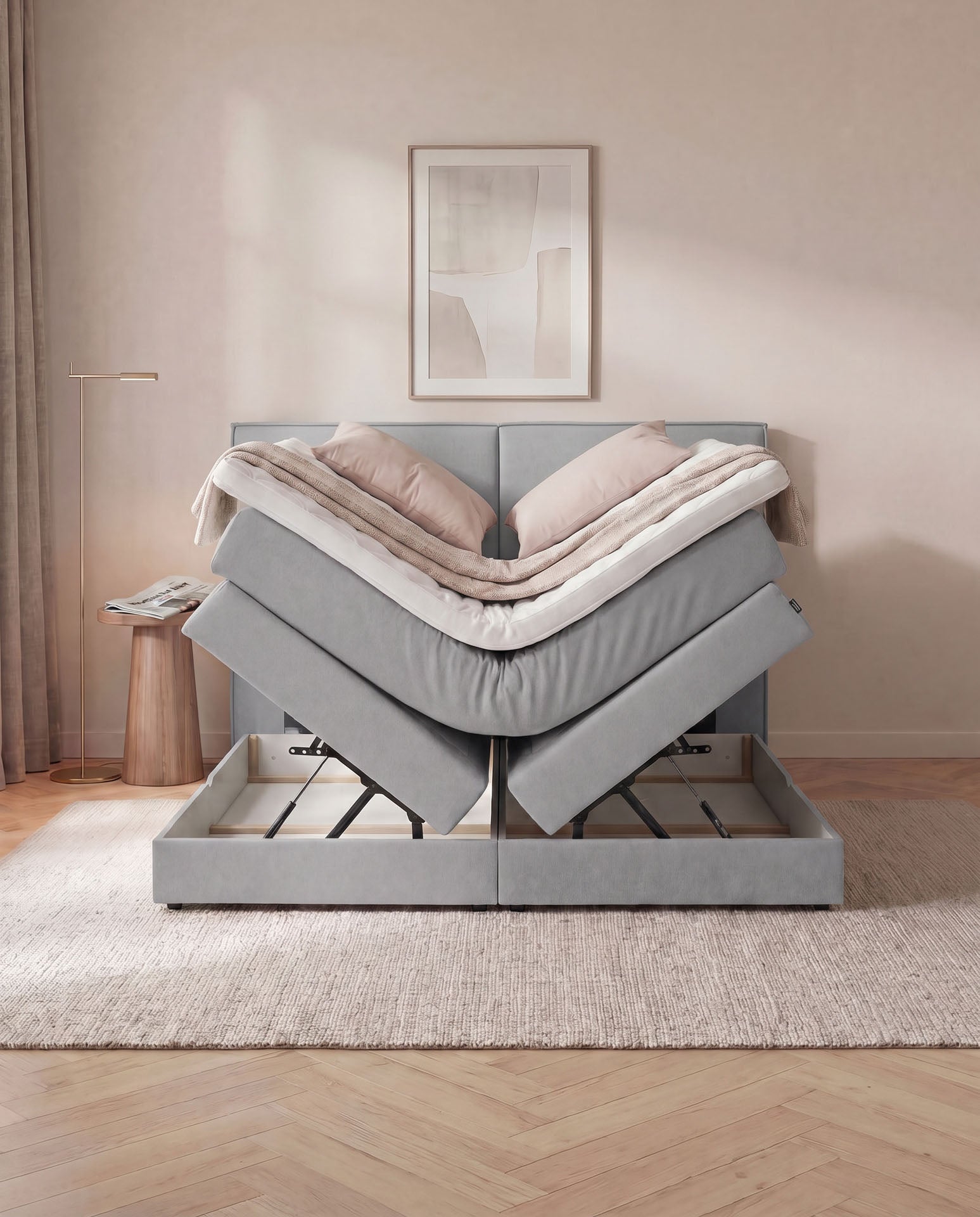 [SKU:3RIVA16HGRBK,3RIVA18HGRBK,3RIVA20HGRBK] Boxspringbett mit Bettkasten 160x200 180x200 200x200 Hellgrau Bett Stauraum Polsterbett Doppelbett Boxspring Bett