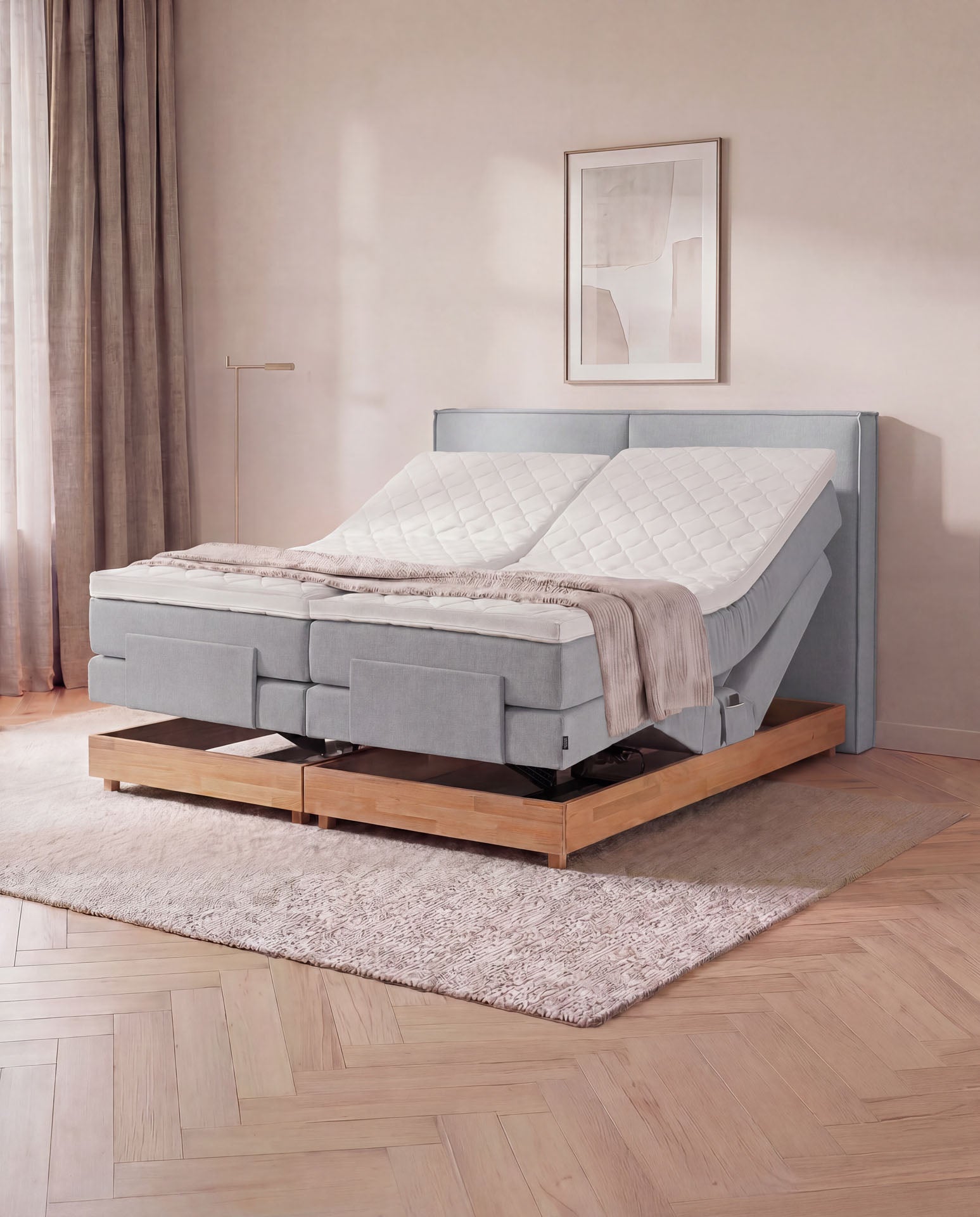 [SKU:3RIVA16HGREVE,3RIVA18HGREVE,3RIVA20HGREVE] Boxspringbett elektrisch verstellbar Eiche 160x200 180x200 200x200 Hellgrau Motorbett Bett mit Motor Holzrahmen Doppelbett