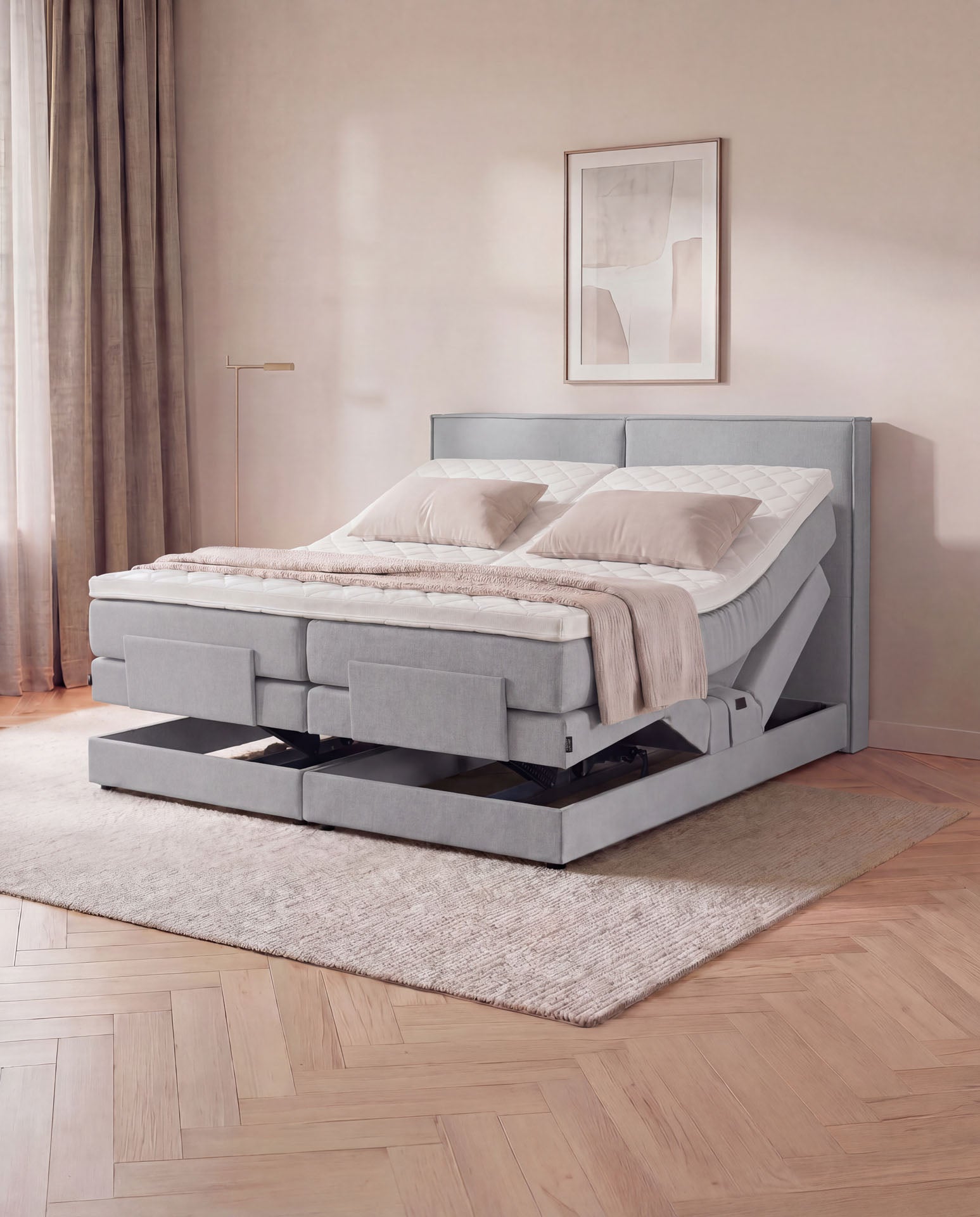 [SKU:3RIVA16HGREV,3RIVA18HGREV,3RIVA20HGREV] Boxspringbett elektrisch verstellbar 160x200 180x200 200x200 Hellgrau Motorbett Bett mit Motor Polsterbett Doppelbett