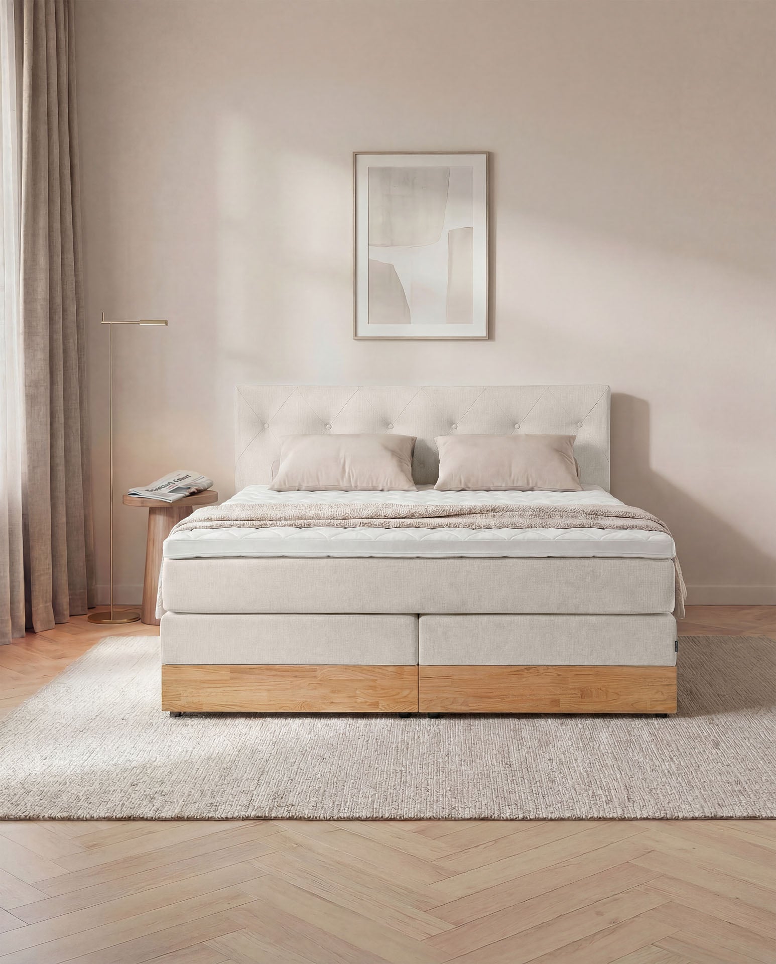 Boxspringbett 160x200 180x200 200x200 Beige Bett Bettkasten Eiche Holz Polsterbett Doppelbett Stauraumbett Bett mit Holzrahmen Schlafzimmer