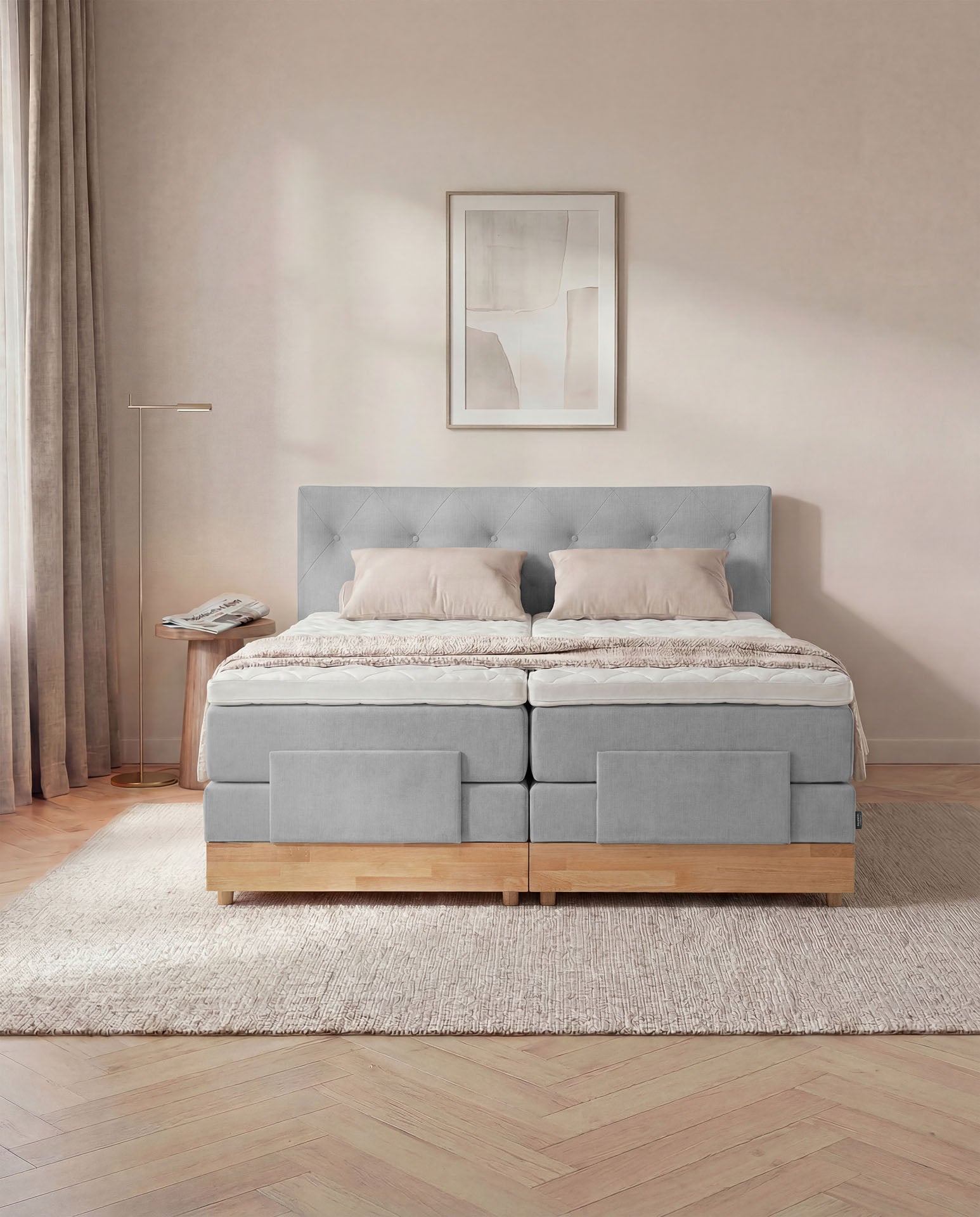 Boxspringbett 160x200 180x200 200x200 Hellgrau Bett elektrisch verstellbar Eiche Holz Motorbett Bett mit Motor Polsterbett Doppelbett Bett verstellbar Schlafzimmer