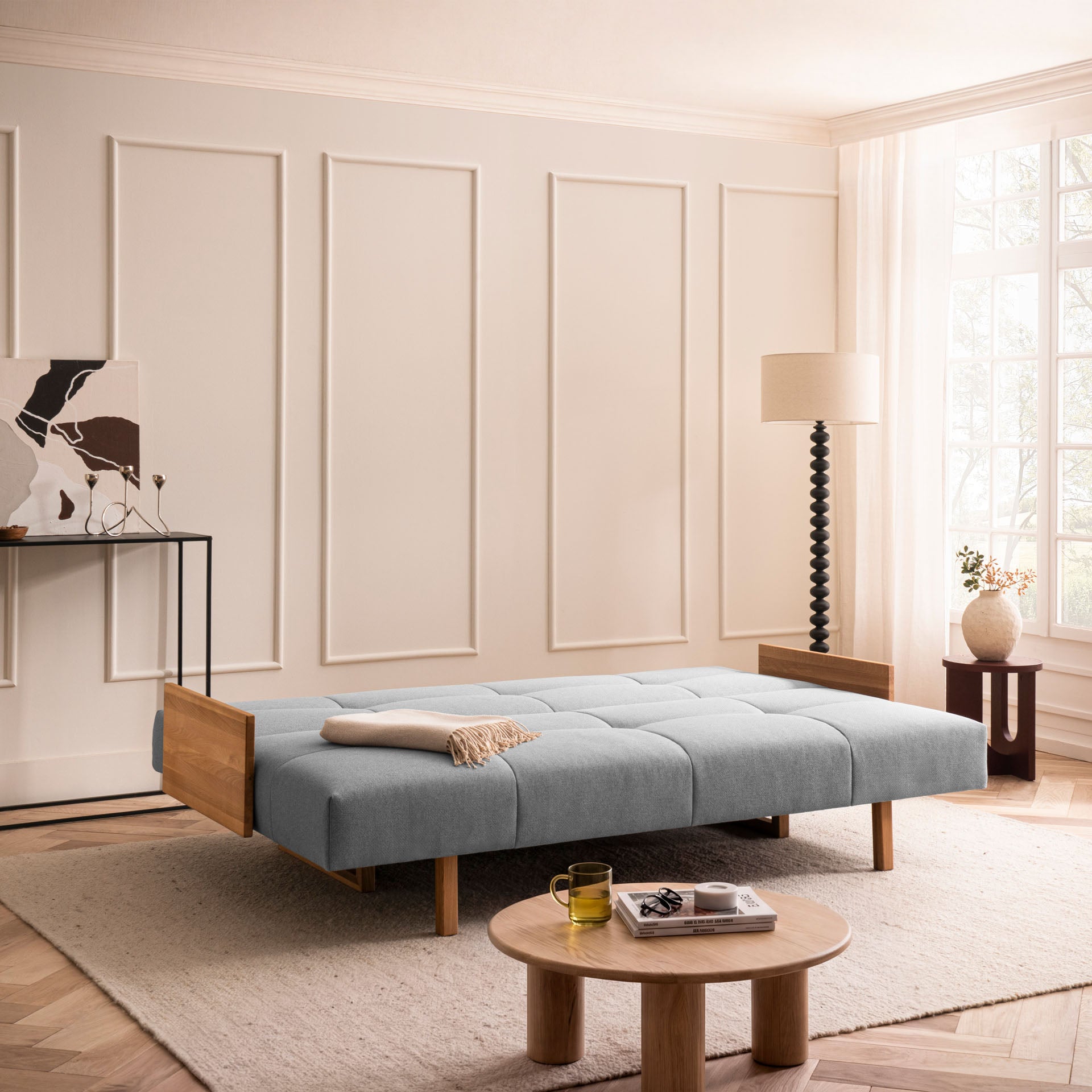 Schlafsofa Hellgrau Holzfüße Sofa mit Schlaffunktion Schlafcouch Bettkasten Schlafsofa mit Bettkasten