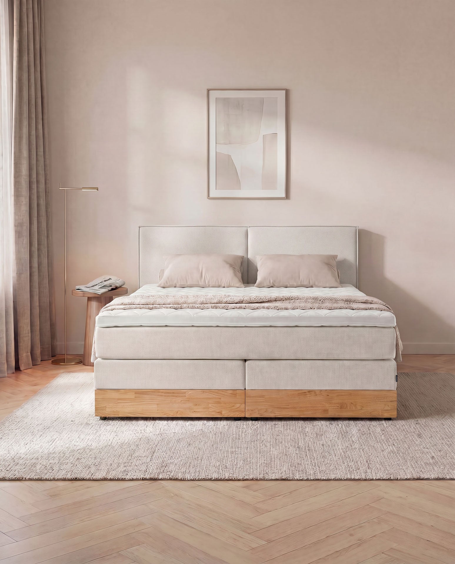 [SKU:3RIVA16BEIBKE,3RIVA18BEIBKE,3RIVA20BEIBKE] Boxspringbett mit Bettkasten Eiche 160x200 180x200 200x200 Beige Bett Stauraum Holzrahmen Polsterbett Doppelbett