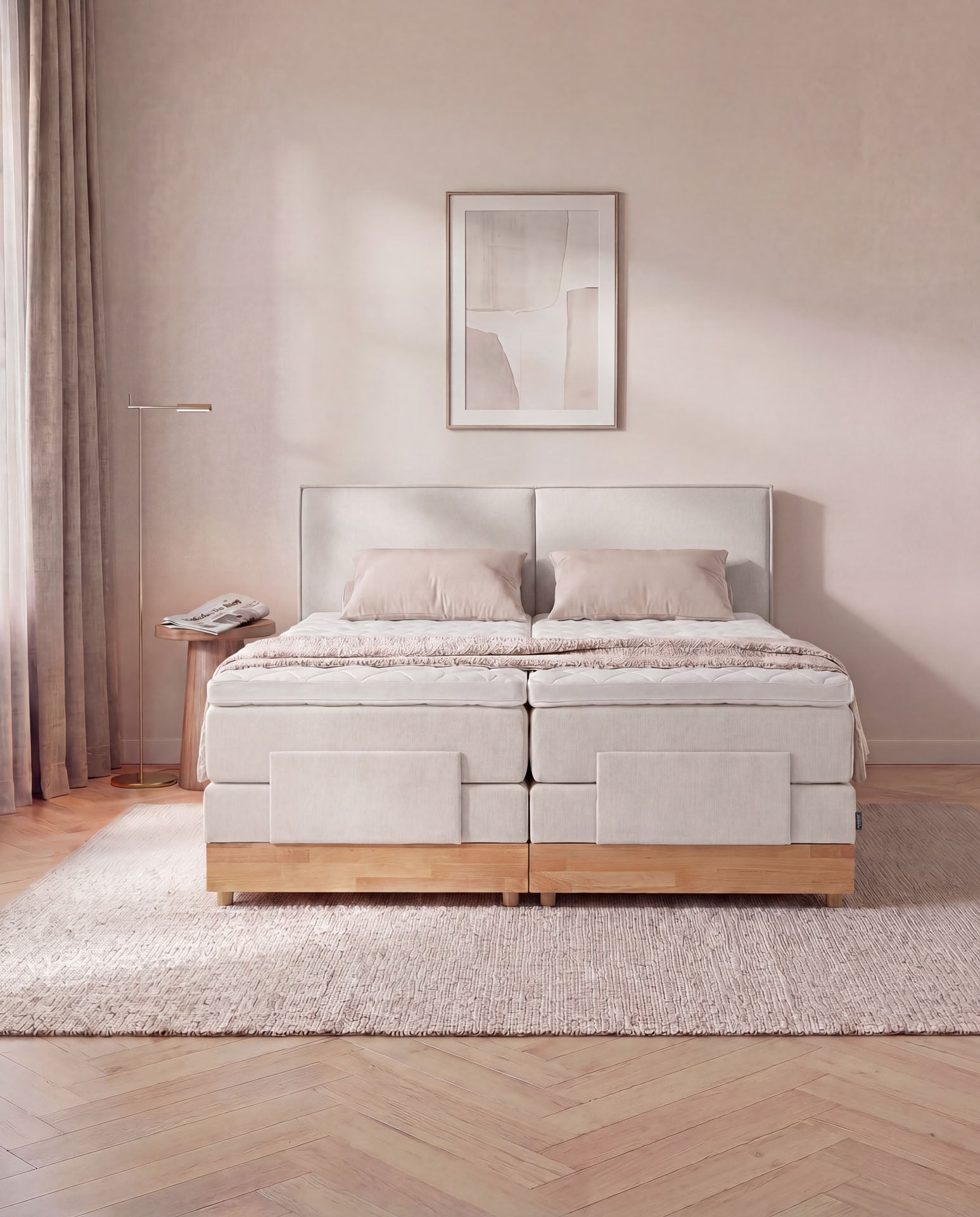 [SKU:3RIVA16BEIEVE,3RIVA18BEIEVE,3RIVA20BEIEVE] Boxspringbett elektrisch verstellbar Eiche 160x200 180x200 200x200 Beige Motorbett Bett mit Motor Holzrahmen Doppelbett
