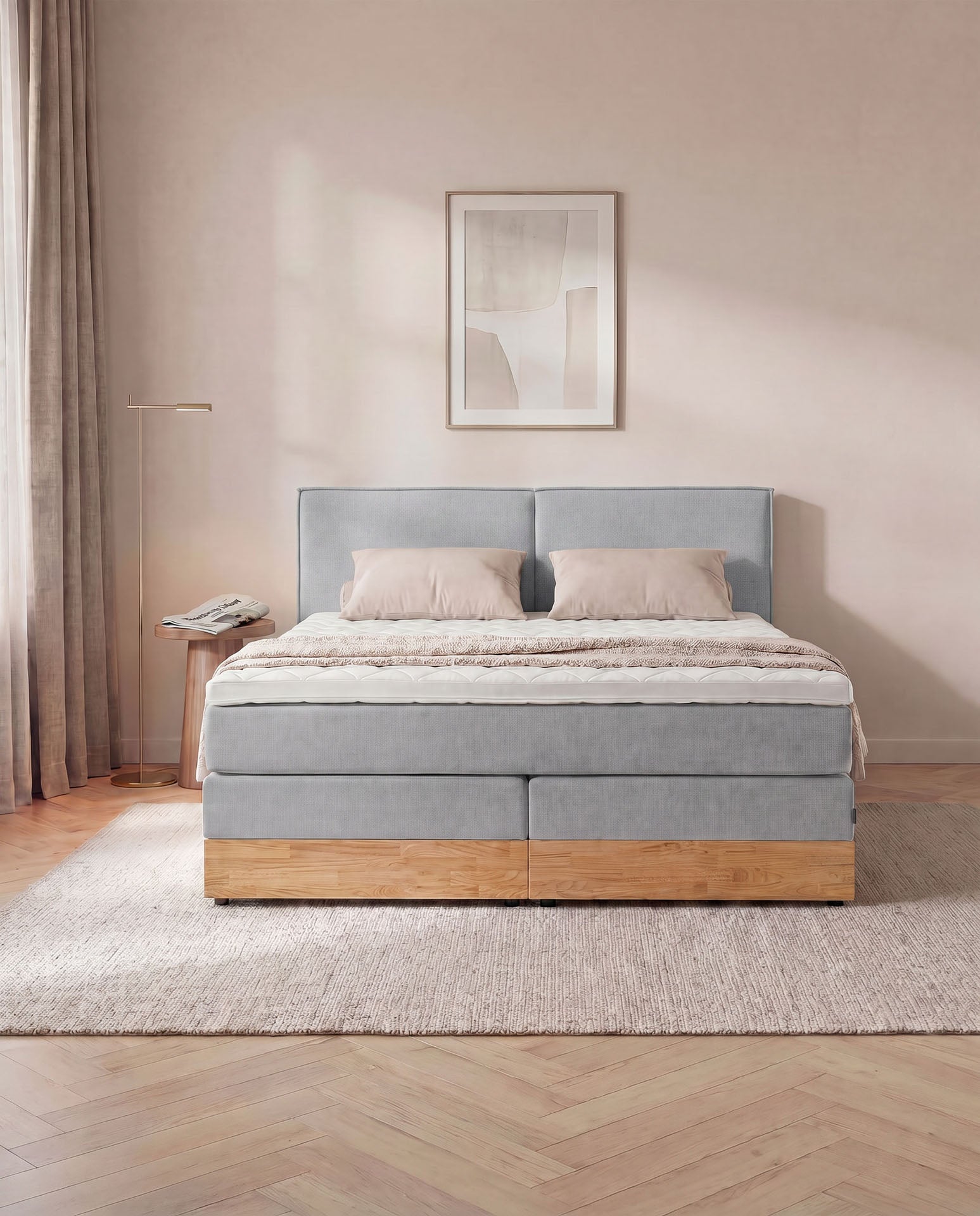 [SKU:3RIVA16HGRBKE,3RIVA18HGRBKE,3RIVA20HGRBKE] Boxspringbett mit Bettkasten Eiche 160x200 180x200 200x200 Hellgrau Bett Stauraum Holzrahmen Polsterbett Doppelbett