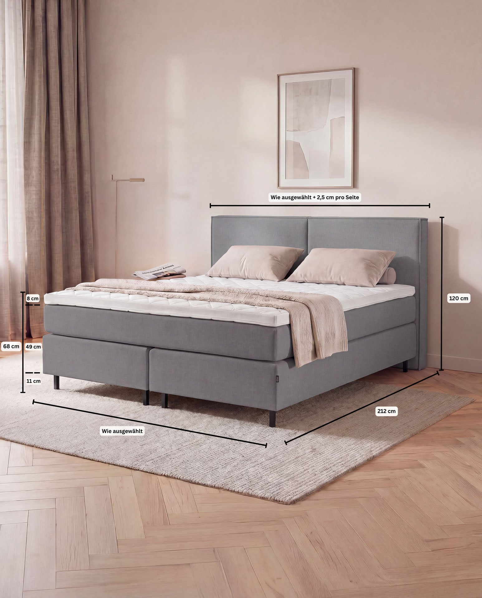 [SKU:3RIVA16ANTNB,3RIVA18ANTNB,3RIVA20ANTNB] Boxspringbett 160x200 180x200 200x200 Anthrazit Bett Polsterbett Doppelbett Boxspring Bett grau Schlafzimmer