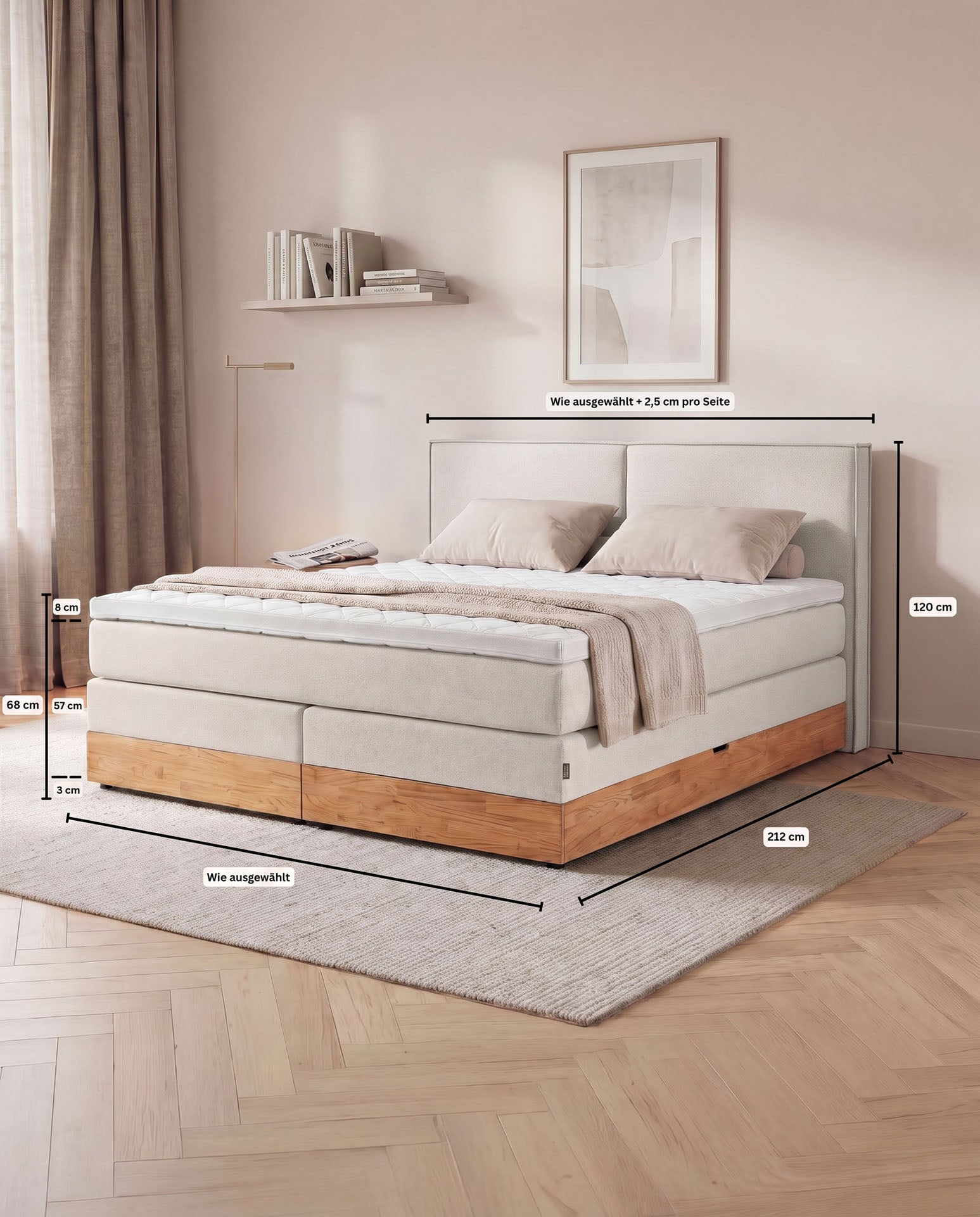 [SKU:3RIVA16BEIBKE,3RIVA18BEIBKE,3RIVA20BEIBKE] Boxspringbett mit Bettkasten Eiche 160x200 180x200 200x200 Beige Bett Stauraum Holzrahmen Polsterbett Doppelbett