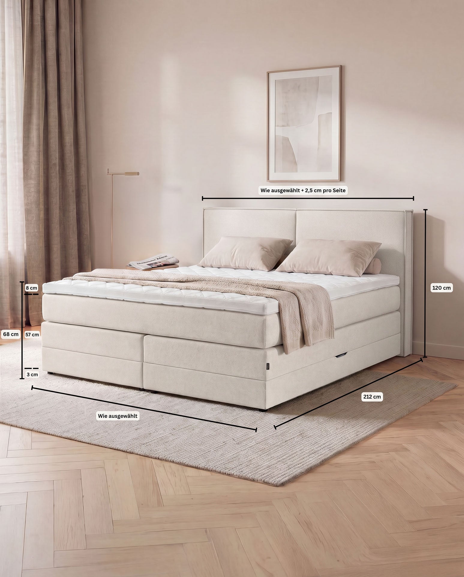 [SKU:3RIVA16BEIBK,3RIVA18BEIBK,3RIVA20BEIBK] Boxspringbett mit Bettkasten 160x200 180x200 200x200 Beige Bett Stauraum Polsterbett Doppelbett Boxspring Bett