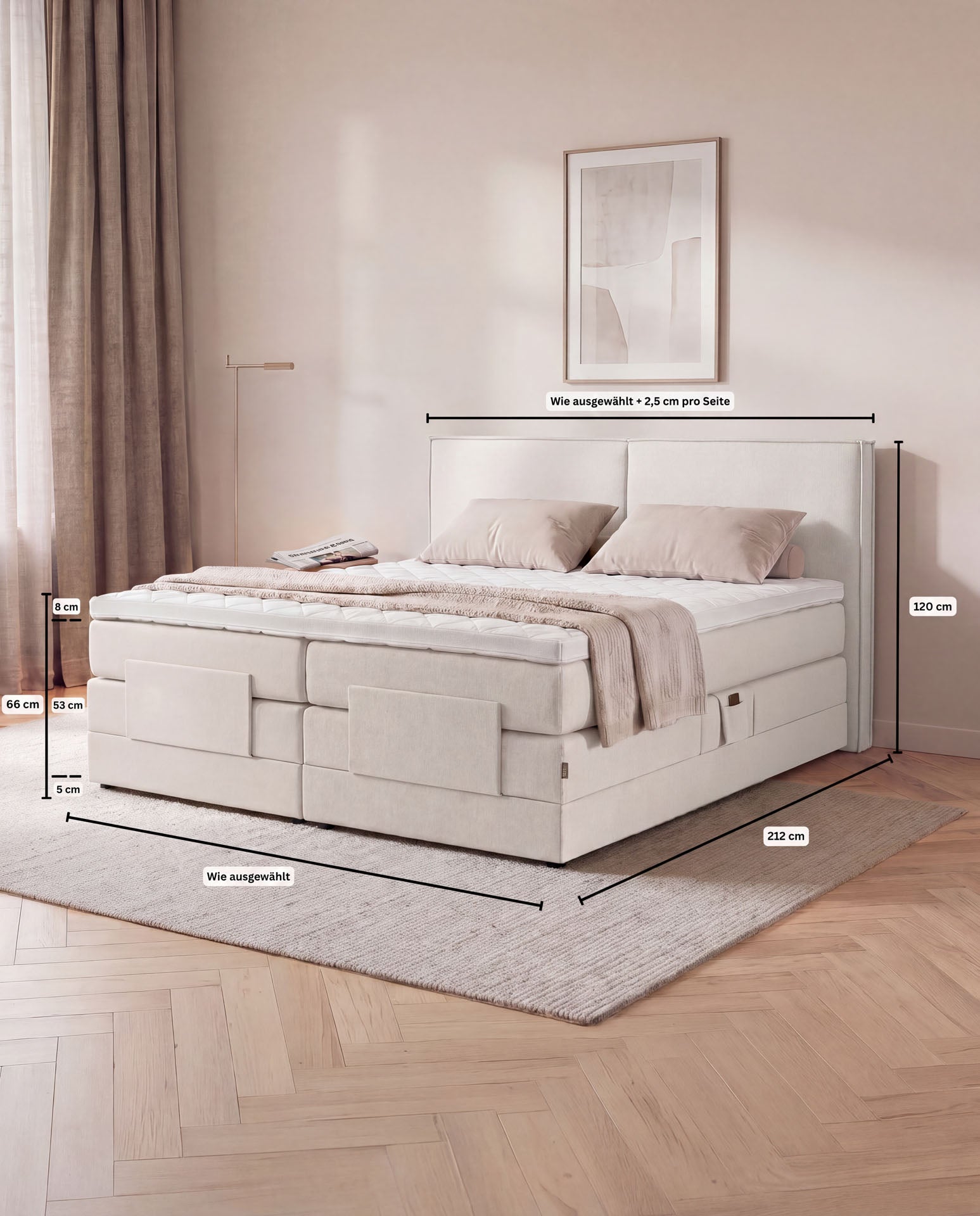 [SKU:3RIVA16BEIEV,3RIVA18BEIEV,3RIVA20BEIEV] Boxspringbett elektrisch verstellbar 160x200 180x200 200x200 Beige Motorbett Bett mit Motor Polsterbett Doppelbett