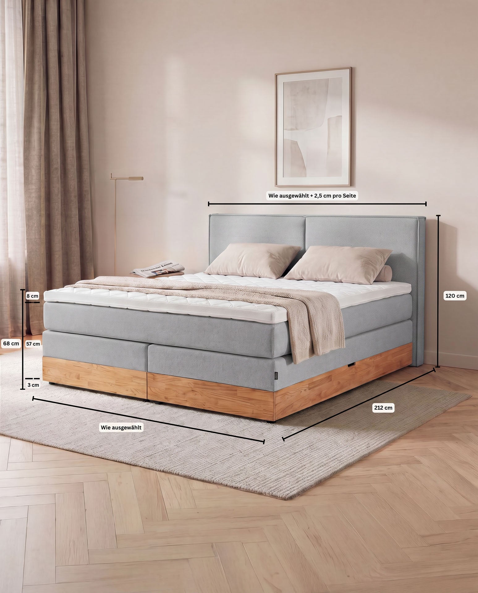 [SKU:3RIVA16HGRBKE,3RIVA18HGRBKE,3RIVA20HGRBKE] Boxspringbett mit Bettkasten Eiche 160x200 180x200 200x200 Hellgrau Bett Stauraum Holzrahmen Polsterbett Doppelbett