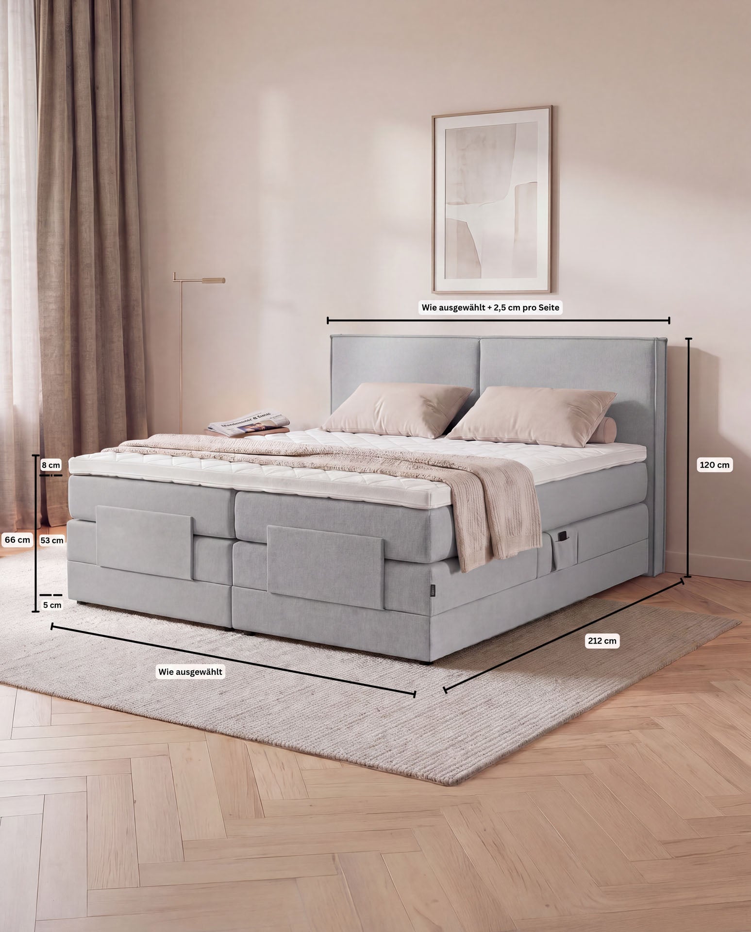 [SKU:3RIVA16HGREV,3RIVA18HGREV,3RIVA20HGREV] Boxspringbett elektrisch verstellbar 160x200 180x200 200x200 Hellgrau Motorbett Bett mit Motor Polsterbett Doppelbett