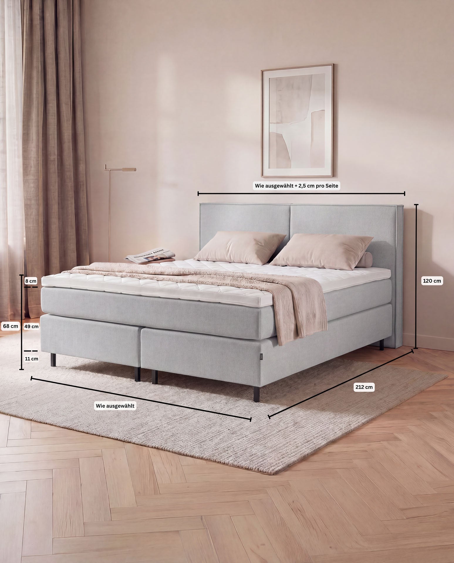[SKU:3RIVA16HGRNB,3RIVA18HGRNB,3RIVA20HGRNB] Boxspringbett 160x200 180x200 200x200 Hellgrau Bett Polsterbett Doppelbett Boxspring Bett grau Schlafzimmer