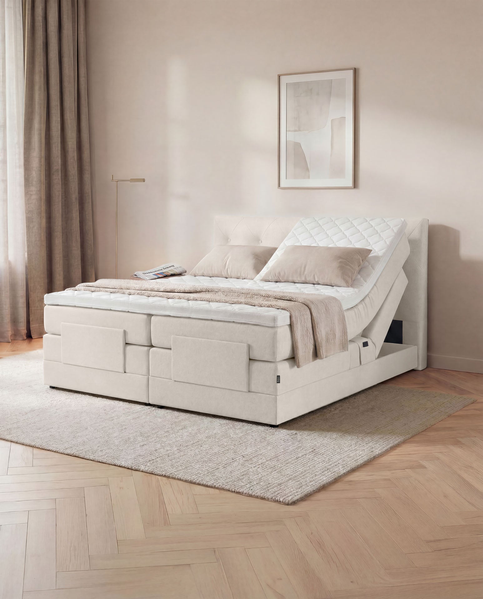 Boxspringbett 160x200 180x200 200x200 Beige Bett elektrisch verstellbar Motorbett Bett mit Motor Polsterbett Doppelbett Bett verstellbar Schlafzimmer