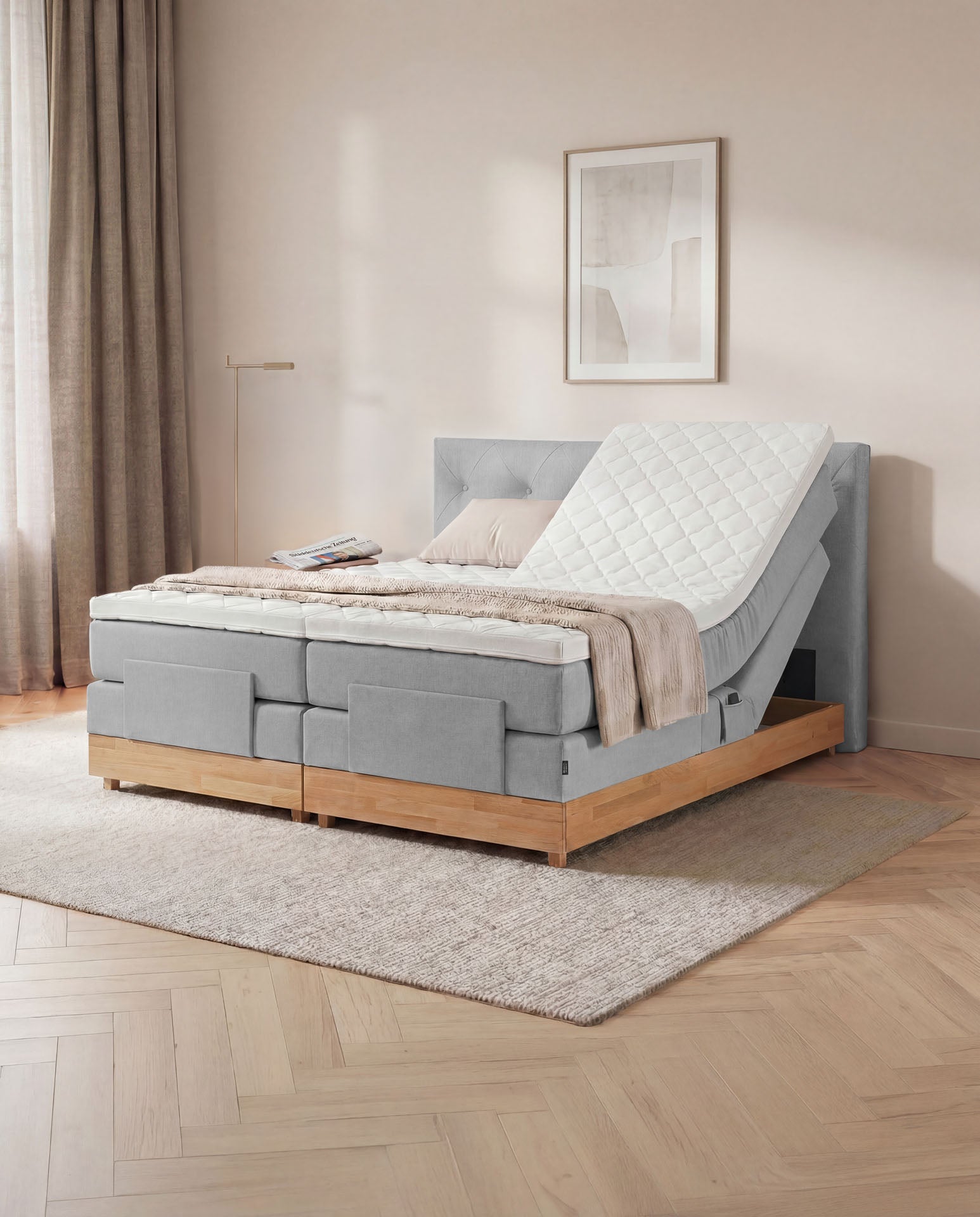 Boxspringbett 160x200 180x200 200x200 Hellgrau Bett elektrisch verstellbar Eiche Holz Motorbett Bett mit Motor Polsterbett Doppelbett Bett verstellbar Schlafzimmer