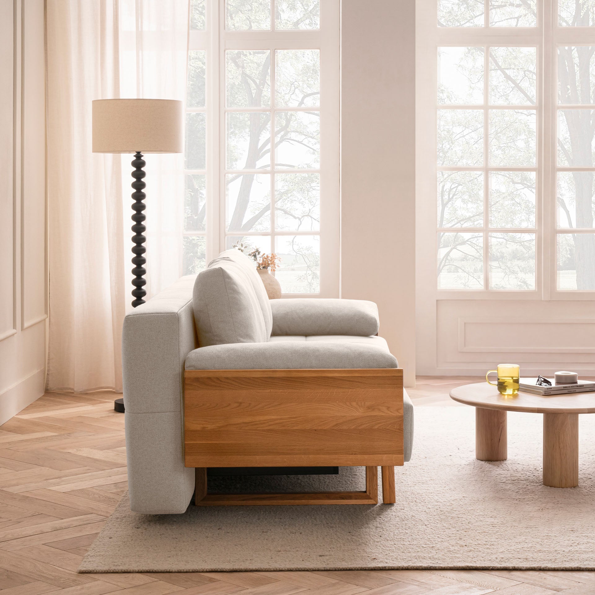 Schlafsofa Beige Holzfüße Sofa mit Schlaffunktion Schlafcouch Bettkasten Schlafsofa mit Bettkasten