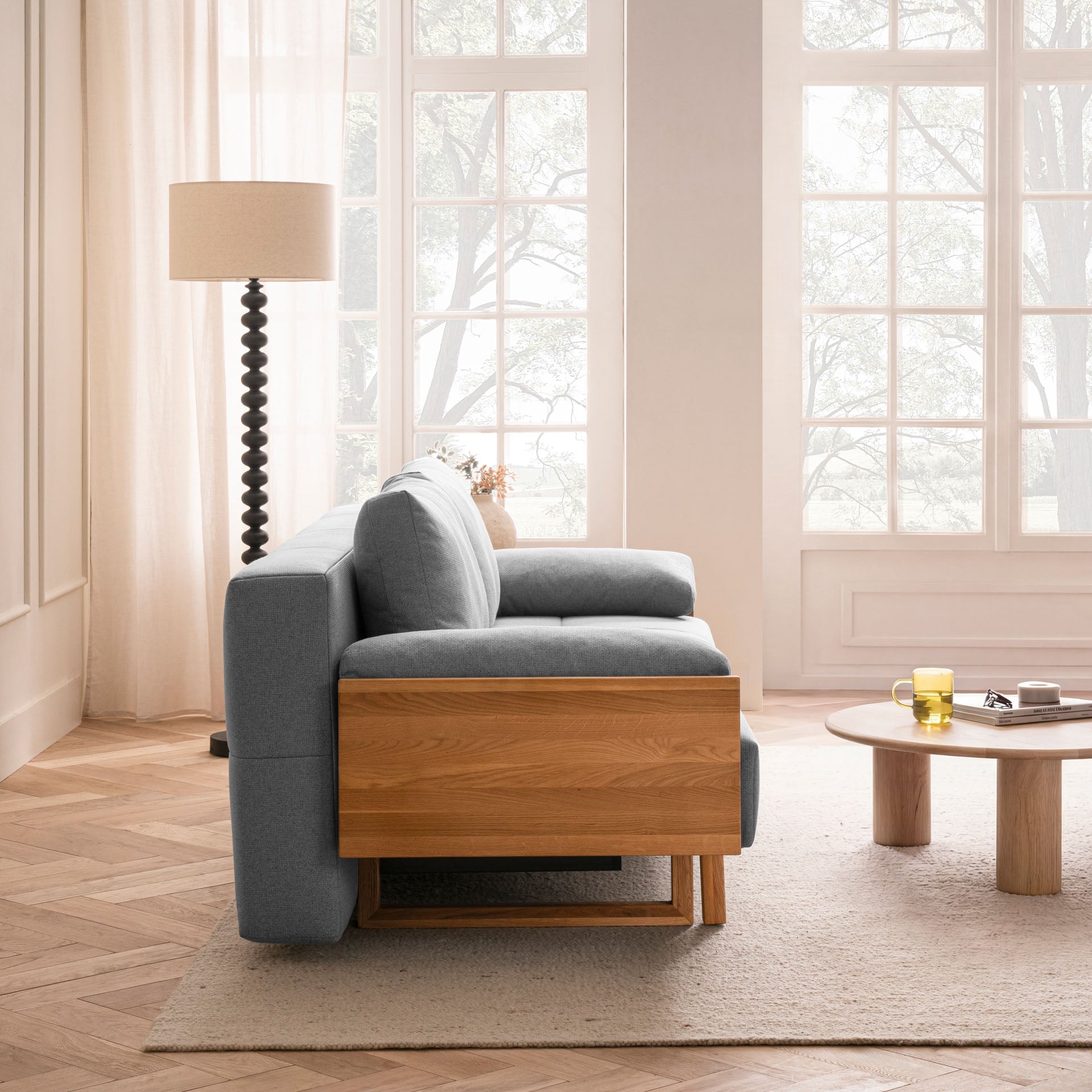 Schlafsofa Hellgrau Holzfüße Sofa mit Schlaffunktion Schlafcouch Bettkasten Schlafsofa mit Bettkasten