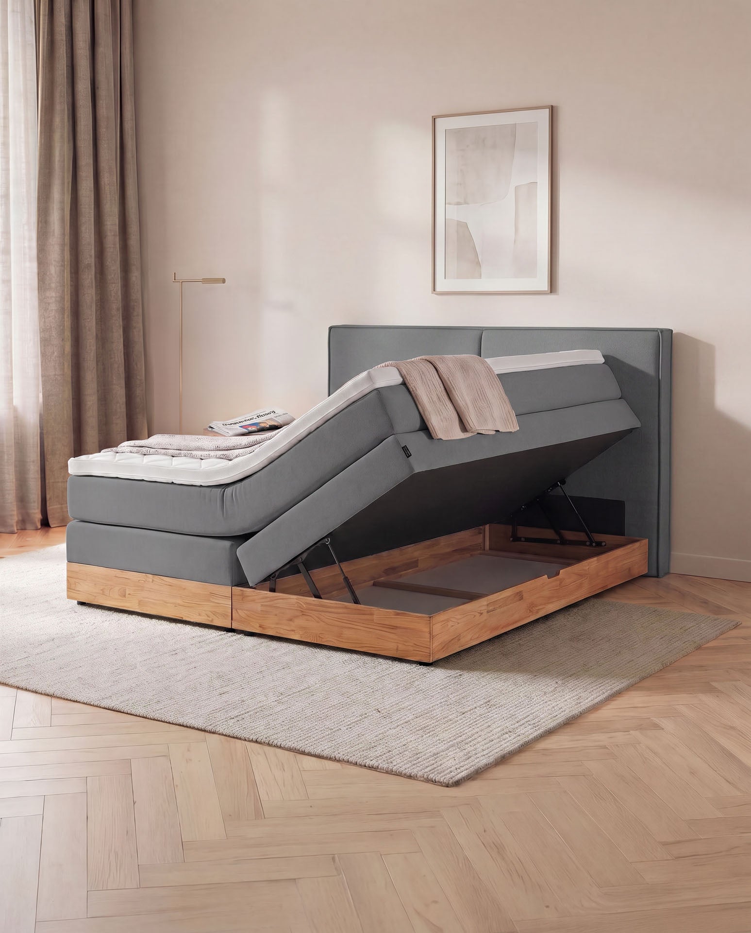 [SKU:3RIVA16ANTBKE,3RIVA18ANTBKE,3RIVA20ANTBKE] Boxspringbett mit Bettkasten Eiche 160x200 180x200 200x200 Anthrazit Bett Stauraum Holzrahmen Polsterbett Doppelbett