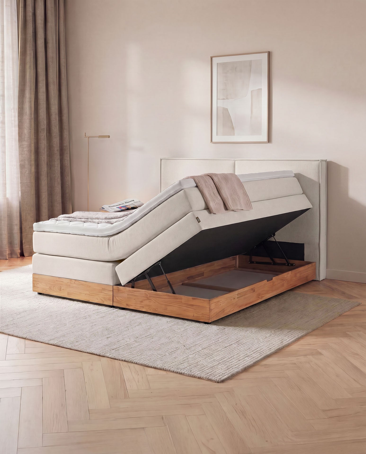 [SKU:3RIVA16BEIBKE,3RIVA18BEIBKE,3RIVA20BEIBKE] Boxspringbett mit Bettkasten Eiche 160x200 180x200 200x200 Beige Bett Stauraum Holzrahmen Polsterbett Doppelbett