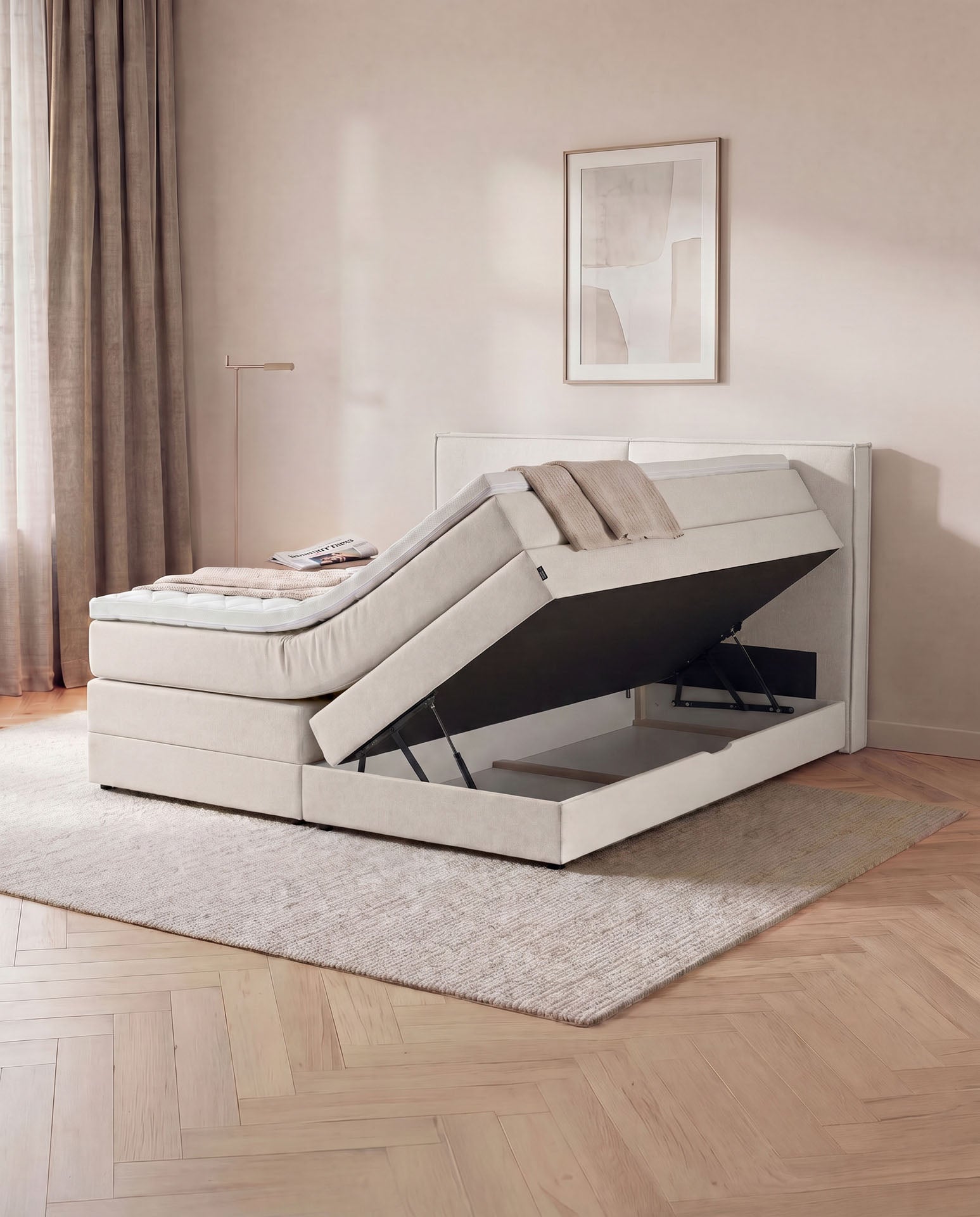 [SKU:3RIVA16BEIBK,3RIVA18BEIBK,3RIVA20BEIBK] Boxspringbett mit Bettkasten 160x200 180x200 200x200 Beige Bett Stauraum Polsterbett Doppelbett Boxspring Bett