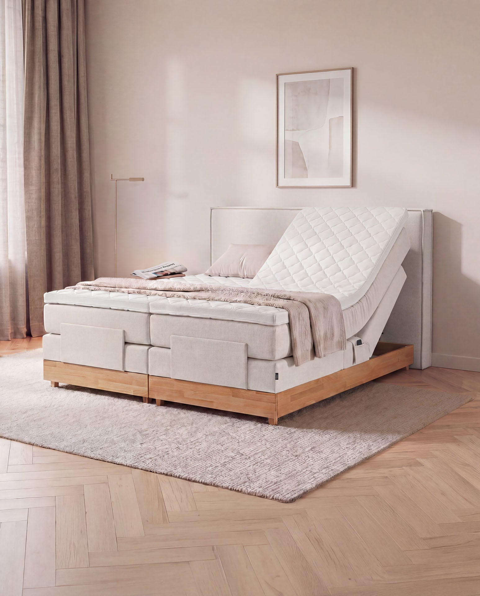 [SKU:3RIVA16BEIEVE,3RIVA18BEIEVE,3RIVA20BEIEVE] Boxspringbett elektrisch verstellbar Eiche 160x200 180x200 200x200 Beige Motorbett Bett mit Motor Holzrahmen Doppelbett
