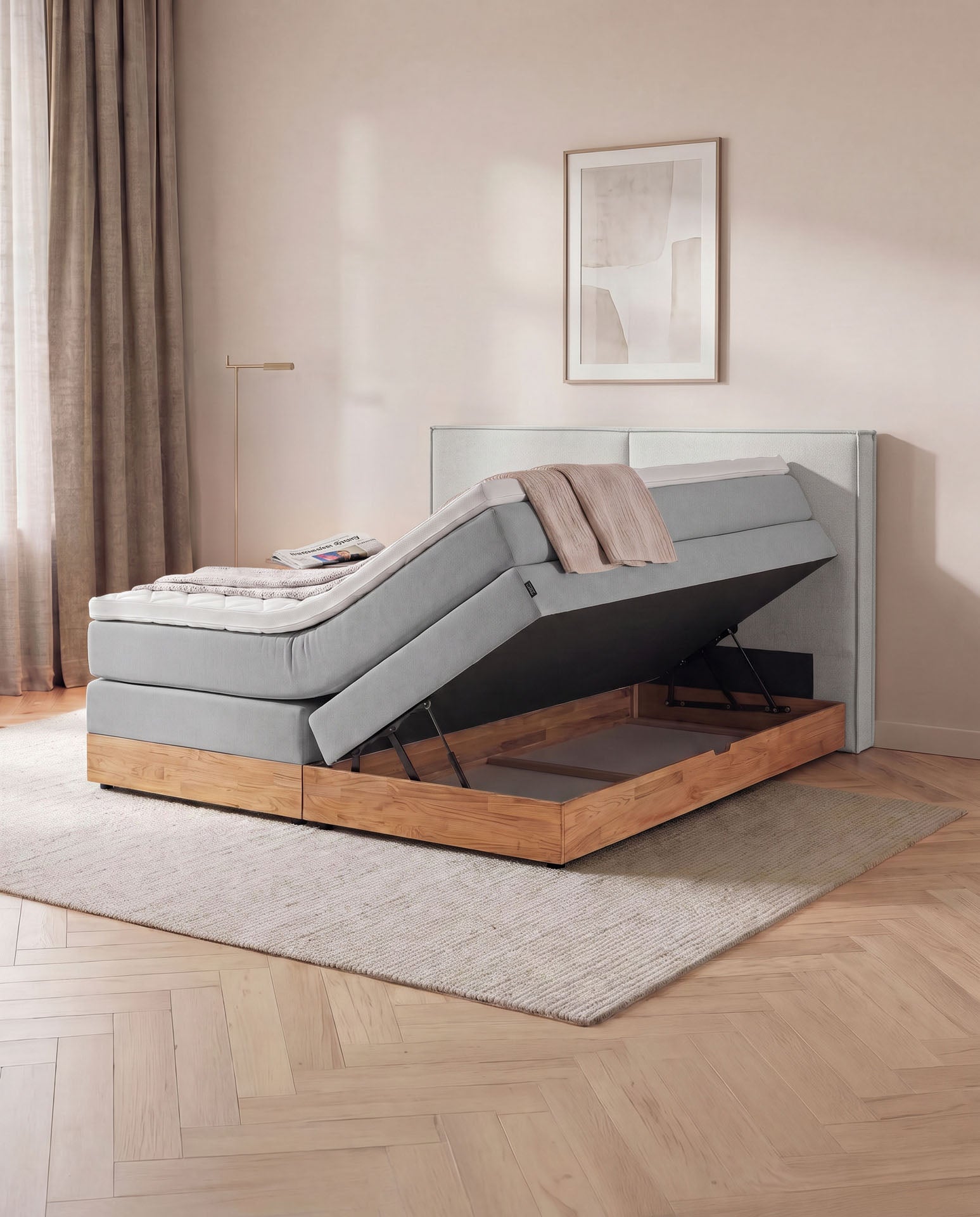 [SKU:3RIVA16HGRBKE,3RIVA18HGRBKE,3RIVA20HGRBKE] Boxspringbett mit Bettkasten Eiche 160x200 180x200 200x200 Hellgrau Bett Stauraum Holzrahmen Polsterbett Doppelbett