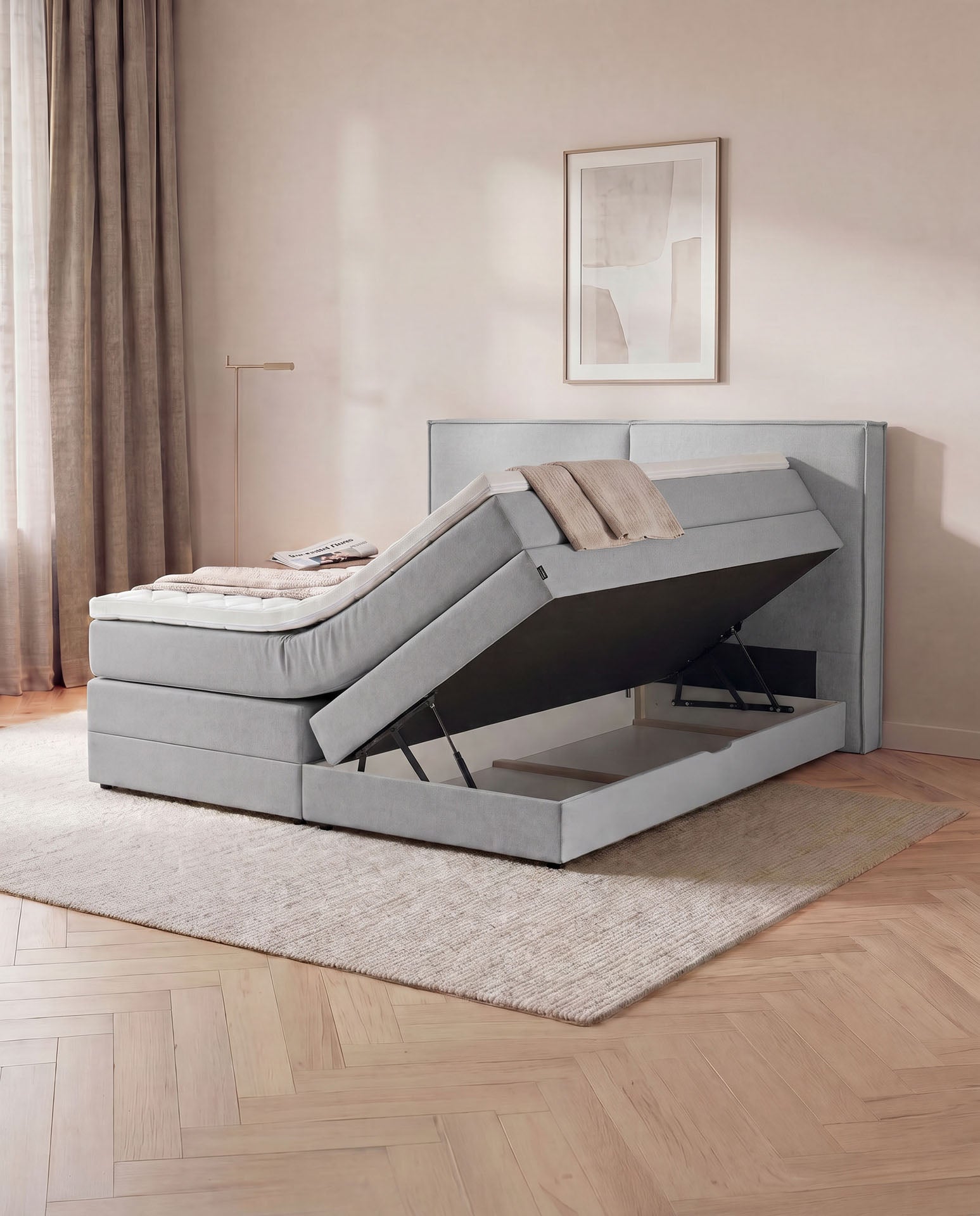[SKU:3RIVA16HGRBK,3RIVA18HGRBK,3RIVA20HGRBK] Boxspringbett mit Bettkasten 160x200 180x200 200x200 Hellgrau Bett Stauraum Polsterbett Doppelbett Boxspring Bett