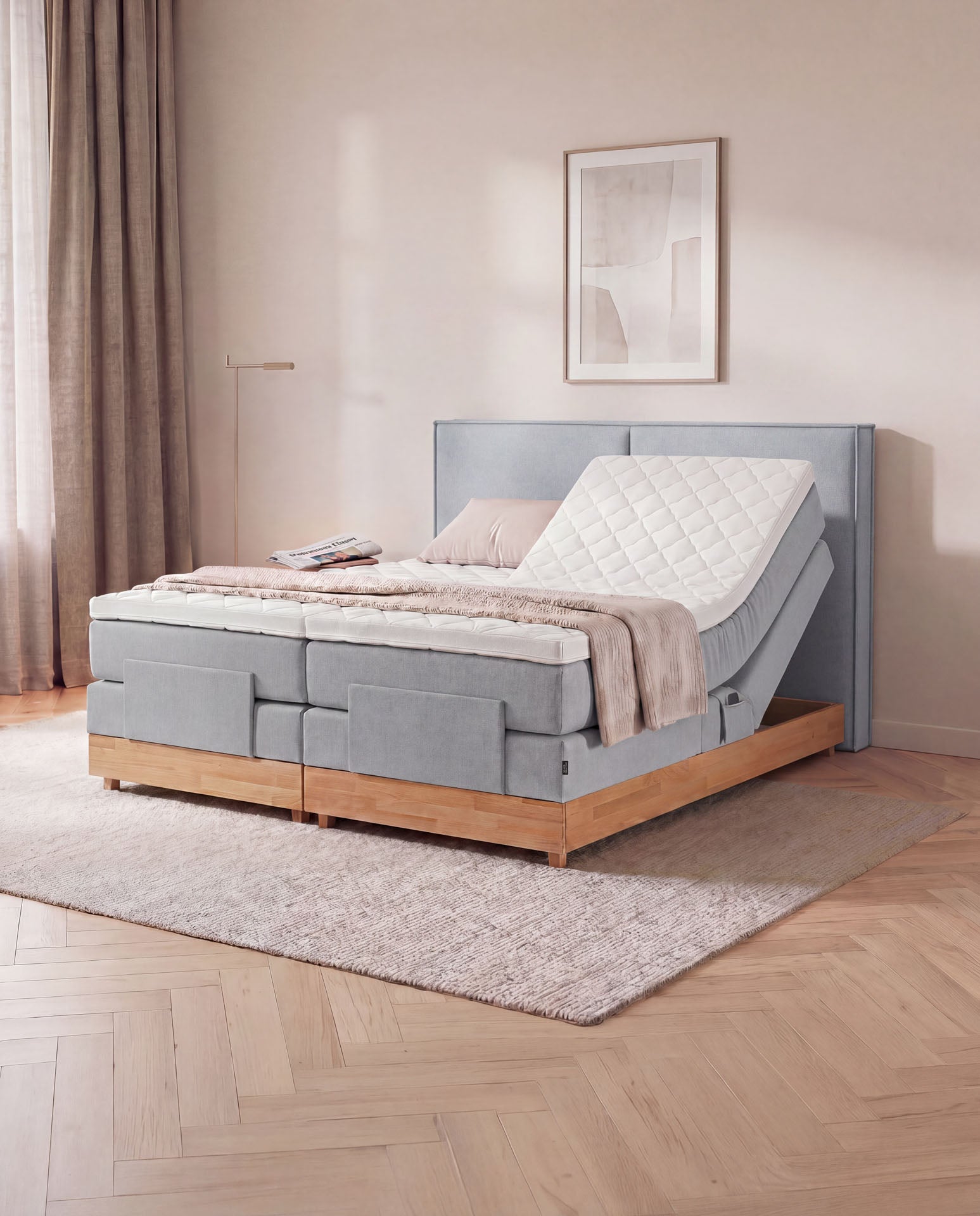 [SKU:3RIVA16HGREVE,3RIVA18HGREVE,3RIVA20HGREVE] Boxspringbett elektrisch verstellbar Eiche 160x200 180x200 200x200 Hellgrau Motorbett Bett mit Motor Holzrahmen Doppelbett