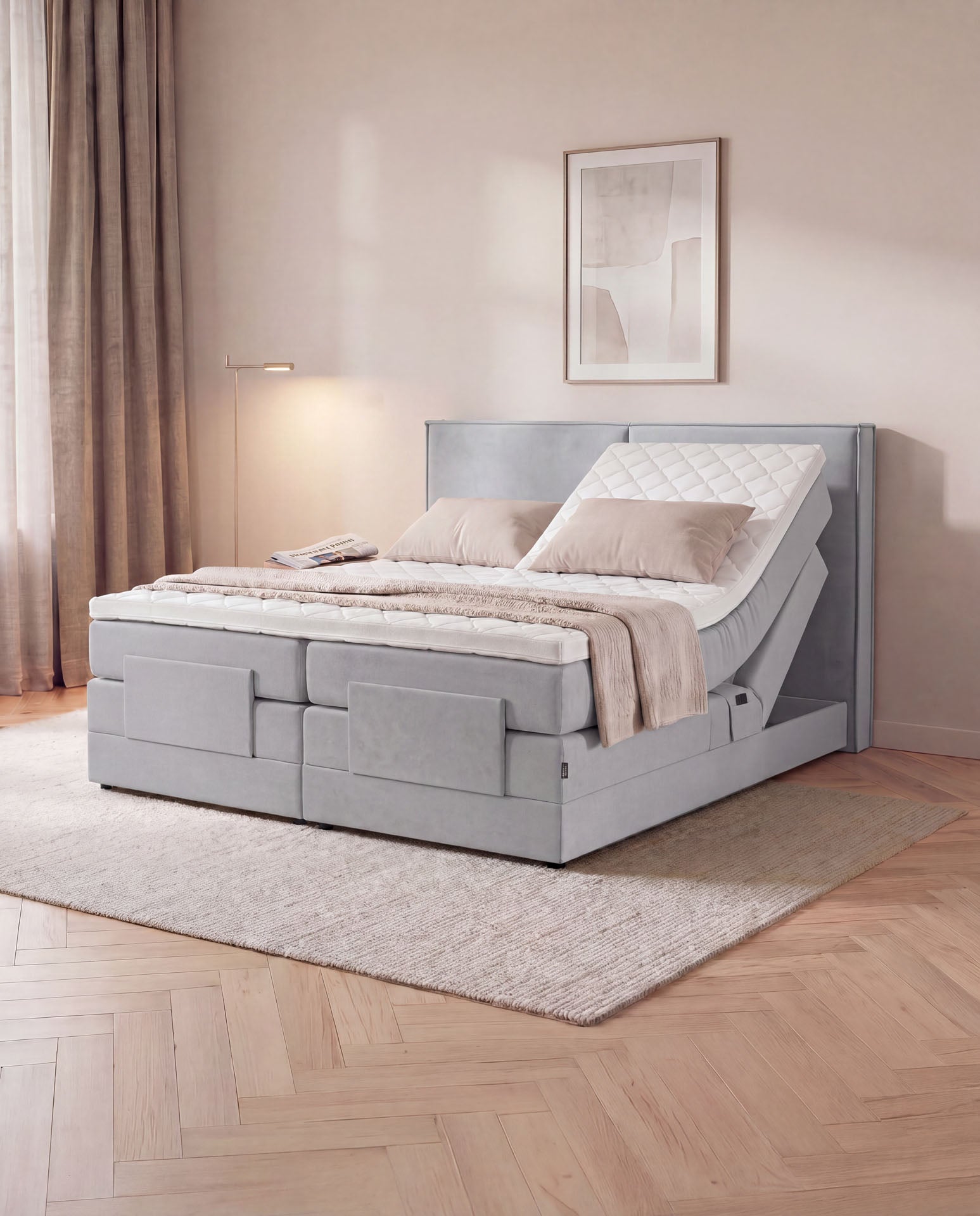 [SKU:3RIVA16HGREV,3RIVA18HGREV,3RIVA20HGREV] Boxspringbett elektrisch verstellbar 160x200 180x200 200x200 Hellgrau Motorbett Bett mit Motor Polsterbett Doppelbett