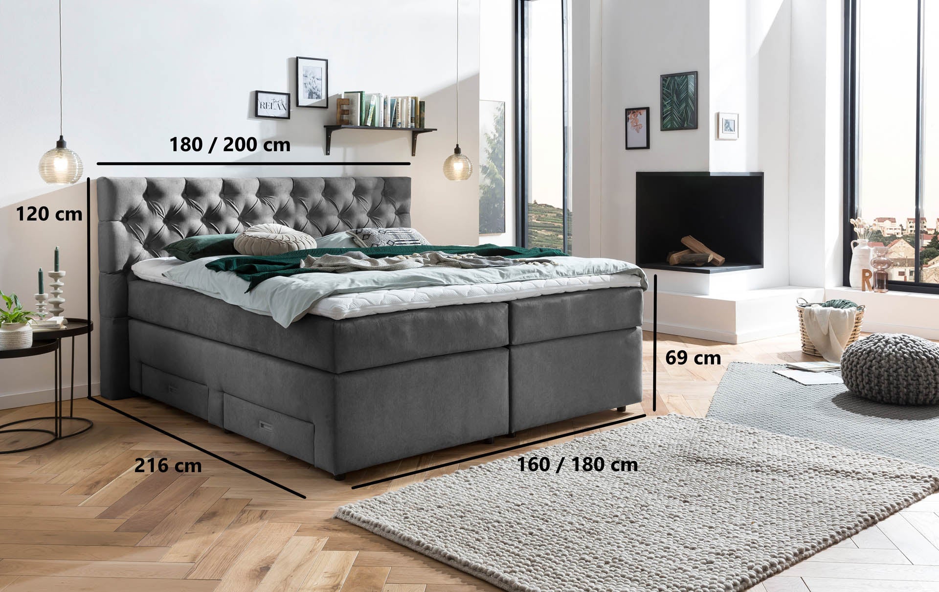 [SKU:LARA-160-DKGR,LARA-180-DKGR,LARA-200-DKGR] Boxspringbett 180x200 160x200 Bett Bettkasten Polsterbett Doppelbett Motorbett Bett elektrisch verstellbar Bett mit Motor