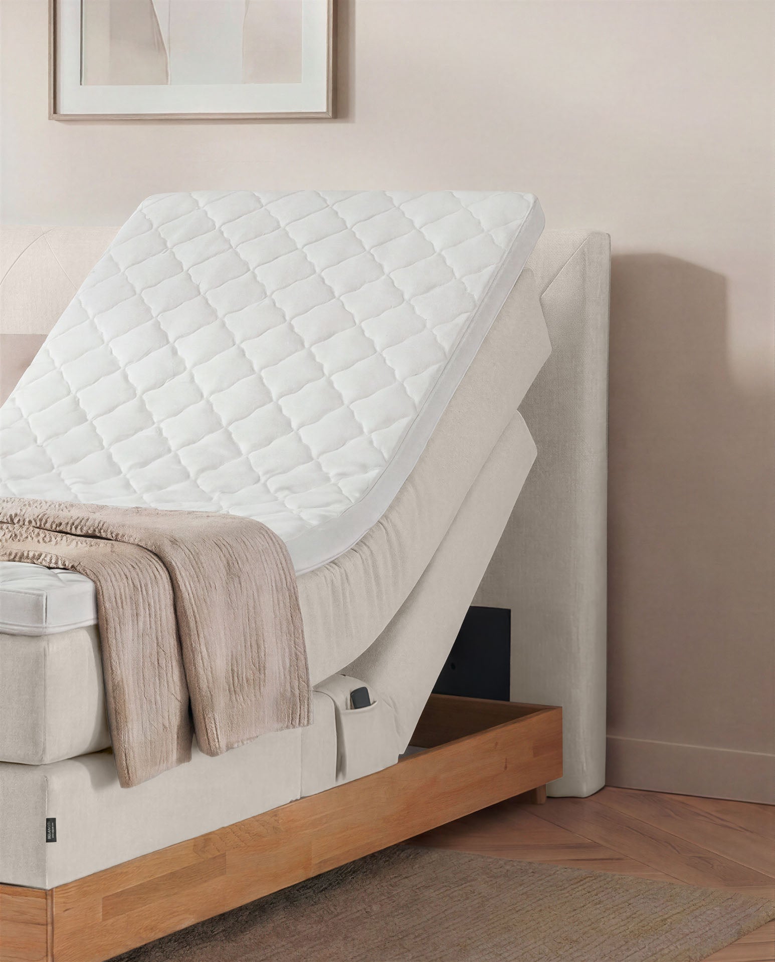 Boxspringbett 160x200 180x200 200x200 Beige Bett elektrisch verstellbar Eiche Holz Motorbett Bett mit Motor Polsterbett Doppelbett Bett verstellbar Schlafzimmer
