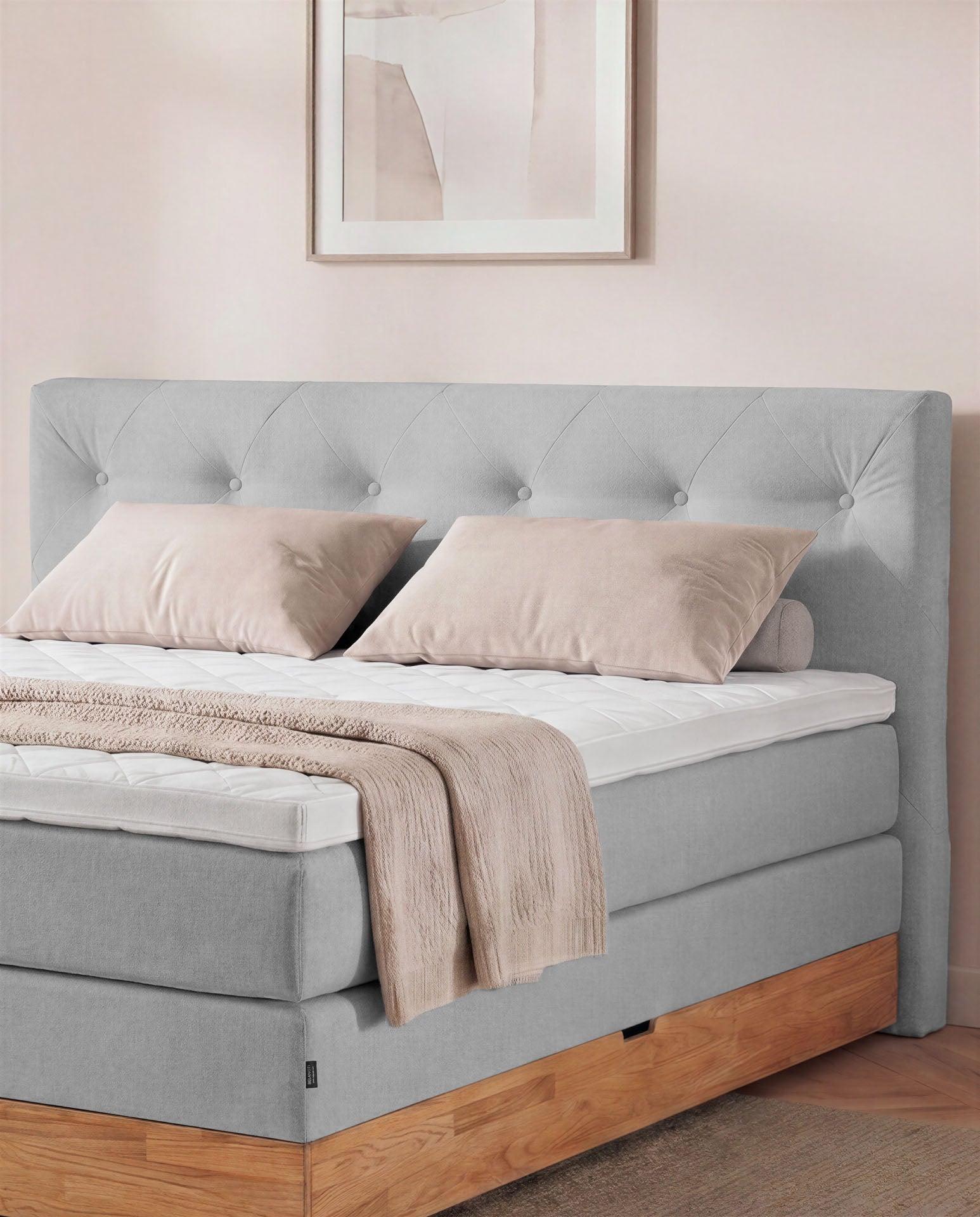 Boxspringbett 160x200 180x200 200x200 Hellgrau Bett Bettkasten Eiche Holz Polsterbett Doppelbett Stauraumbett Bett mit Holzrahmen Schlafzimmer