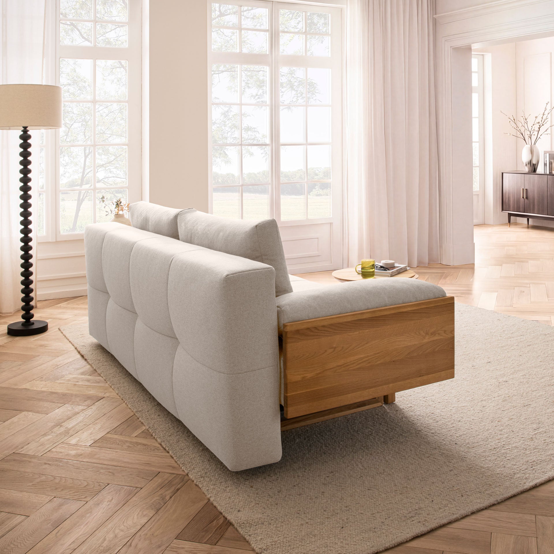 Schlafsofa Beige Holzfüße Sofa mit Schlaffunktion Schlafcouch Bettkasten Schlafsofa mit Bettkasten